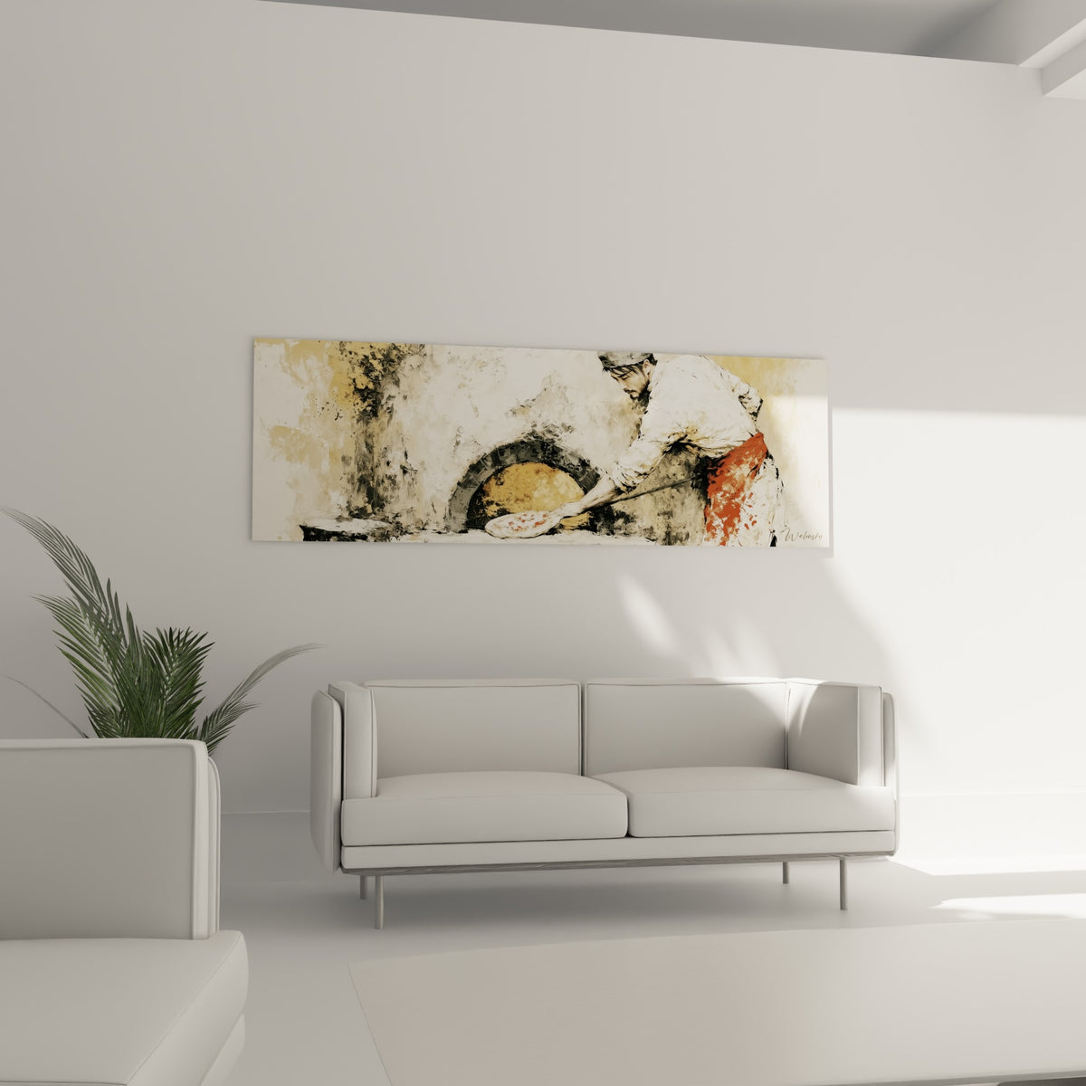 Four à bois ocre et pizzaïolo penché, au-dessus d'un canapé dans un salon lumineux