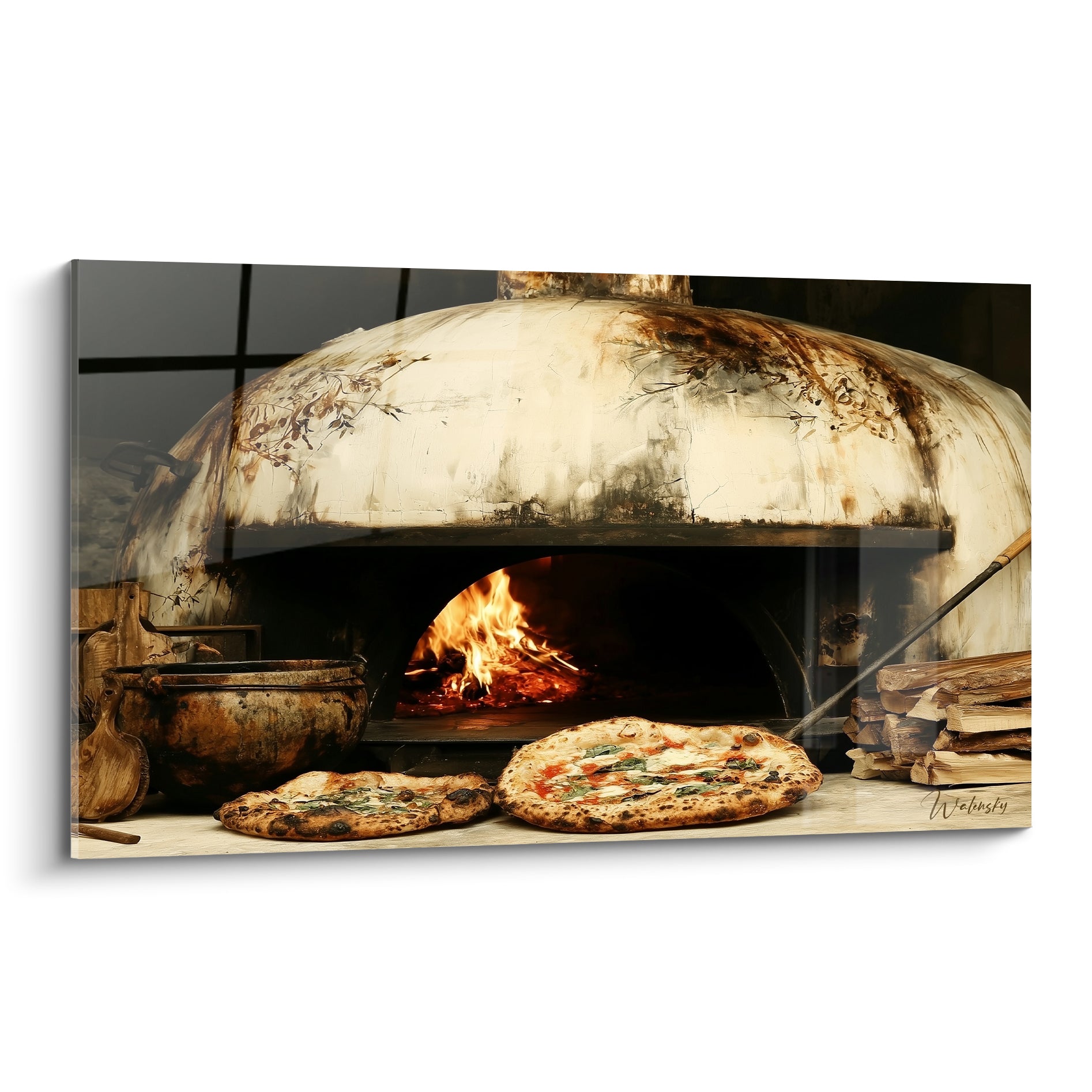 Four à pizza blanc crayeux et flammes dorées, pizzas margherita dorées sur plan de pierre claire