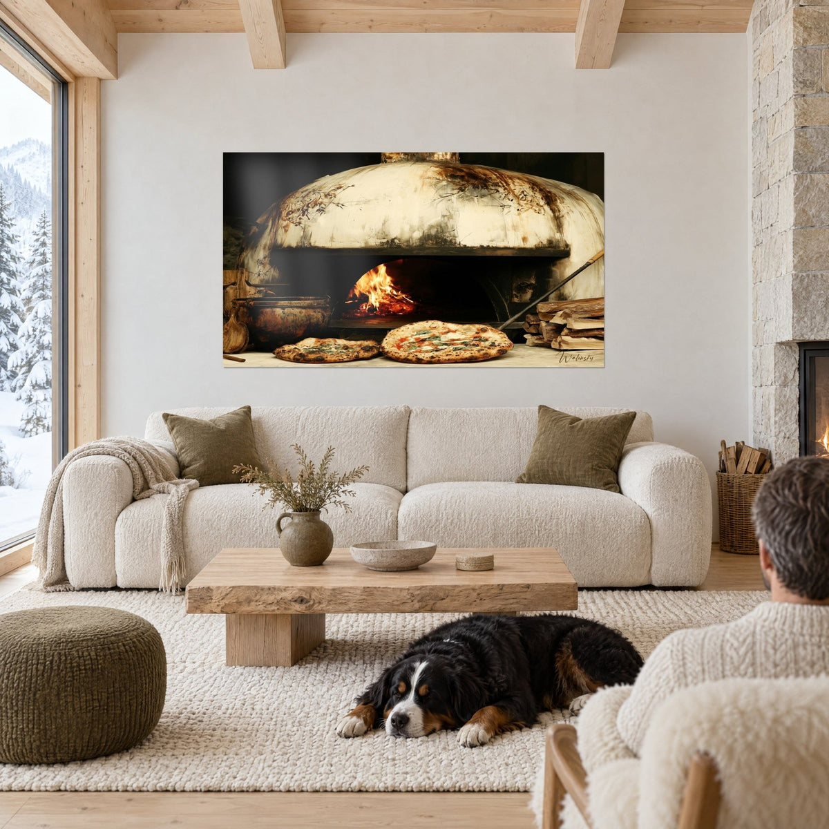 Gemälde Holzofen mit gewölbtem cremeweißem Gewölbe, orangefarbene Flammen und zwei goldgelbe Pizzen, über einem Sofa in einem hellen Wohnzimmer