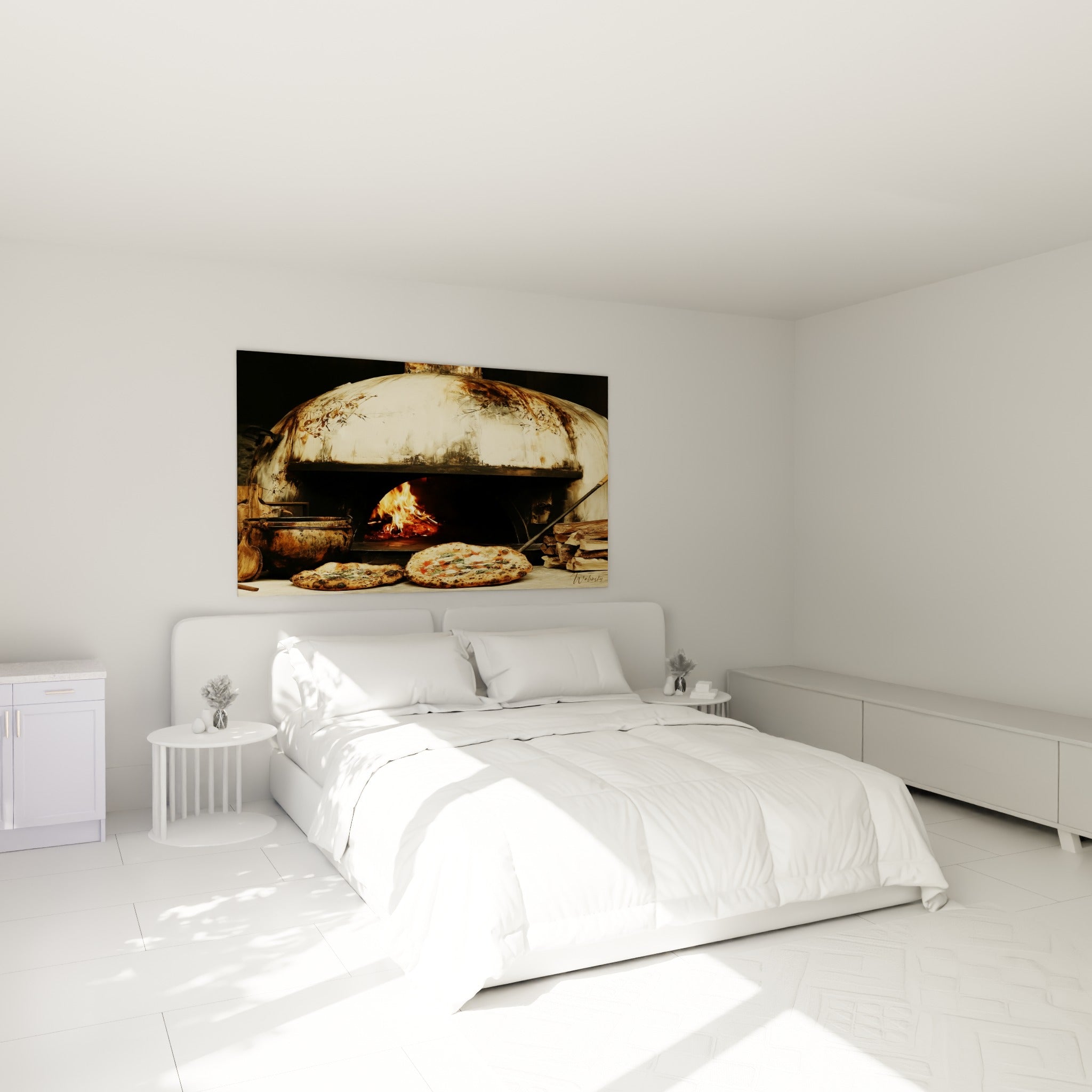 Four artisanal blanc taché de rouille, flammes orangées vives, au-dessus d'un lit dans une chambre claire