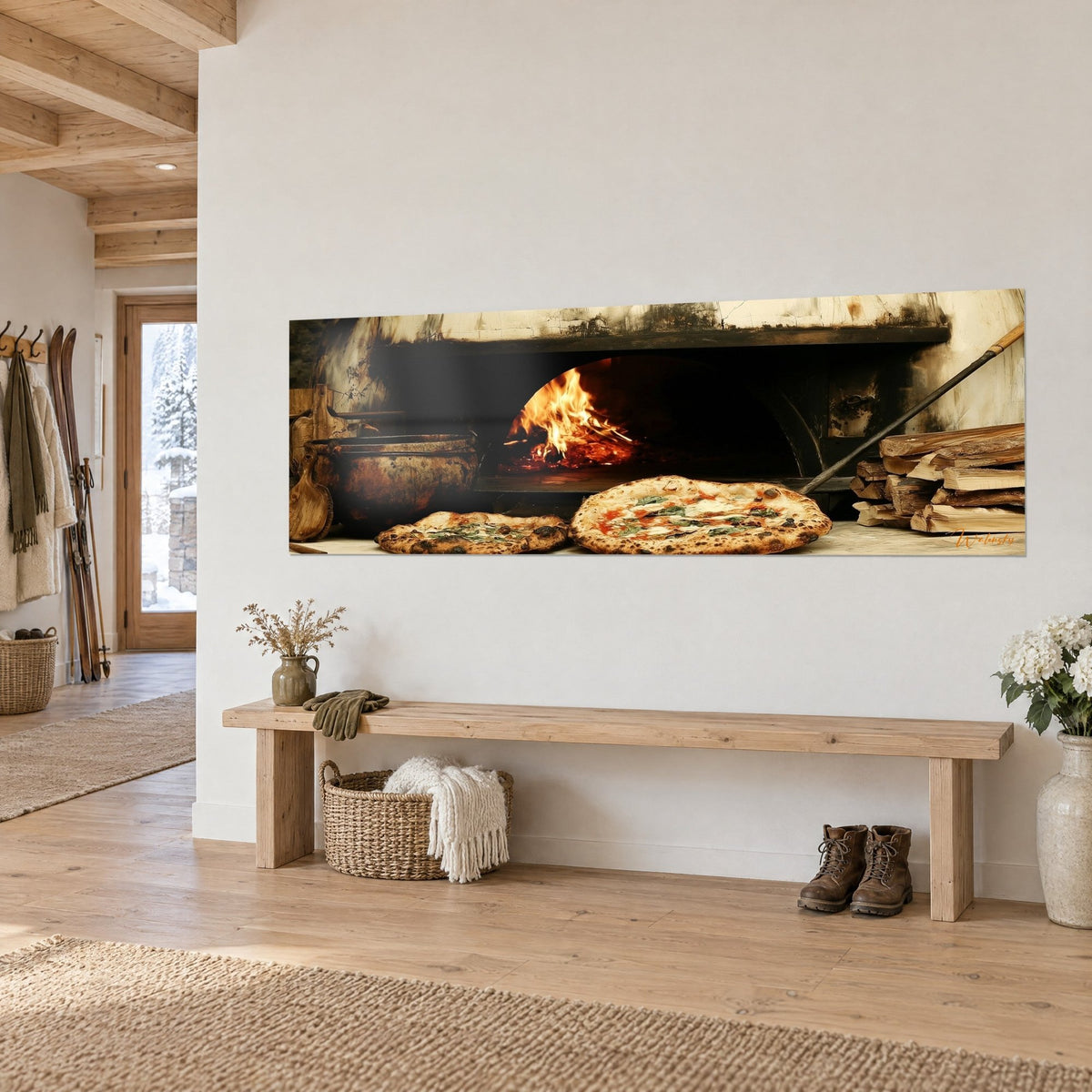 Gemälde neapolitanische Pizza mit goldener Kruste, geschwärztes Gewölbe und rote Glut, im Chalet aus hellem Holz aufgehängt, Dreiviertelansicht