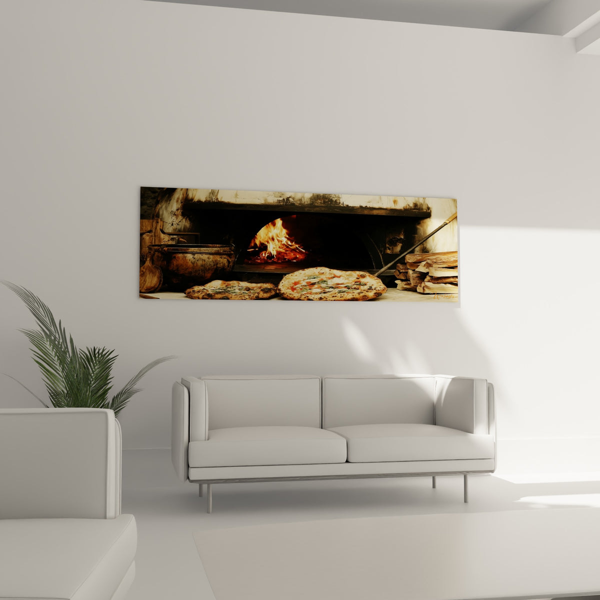 Four artisanal aux teintes brunes et pizzas croustillantes au-dessus d'un canapé dans un salon lumineux