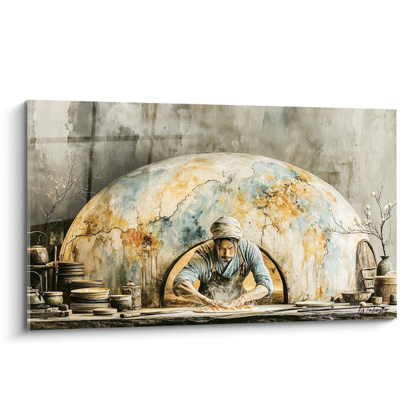 Tableau Pizzaiolo pétrissant devant un four voûté ocre - Rituel du pétrissage - Edition Pizza