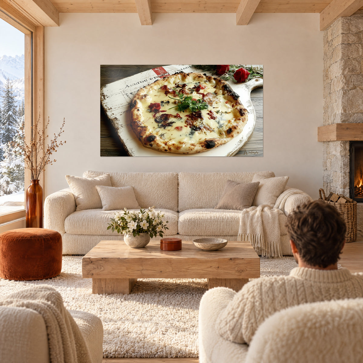 Quadro pizza napoletana con panna e pancetta brasata, bordo bruciato e rose rosse, sopra un divano in un soggiorno luminoso