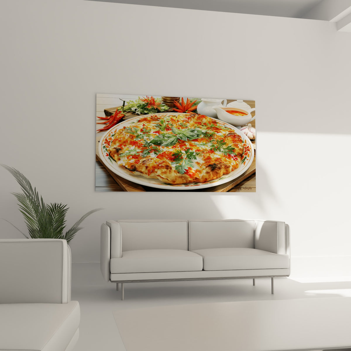 Pizza dorée aux herbes vertes et piments éclatants au-dessus d'un canapé dans un salon lumineux