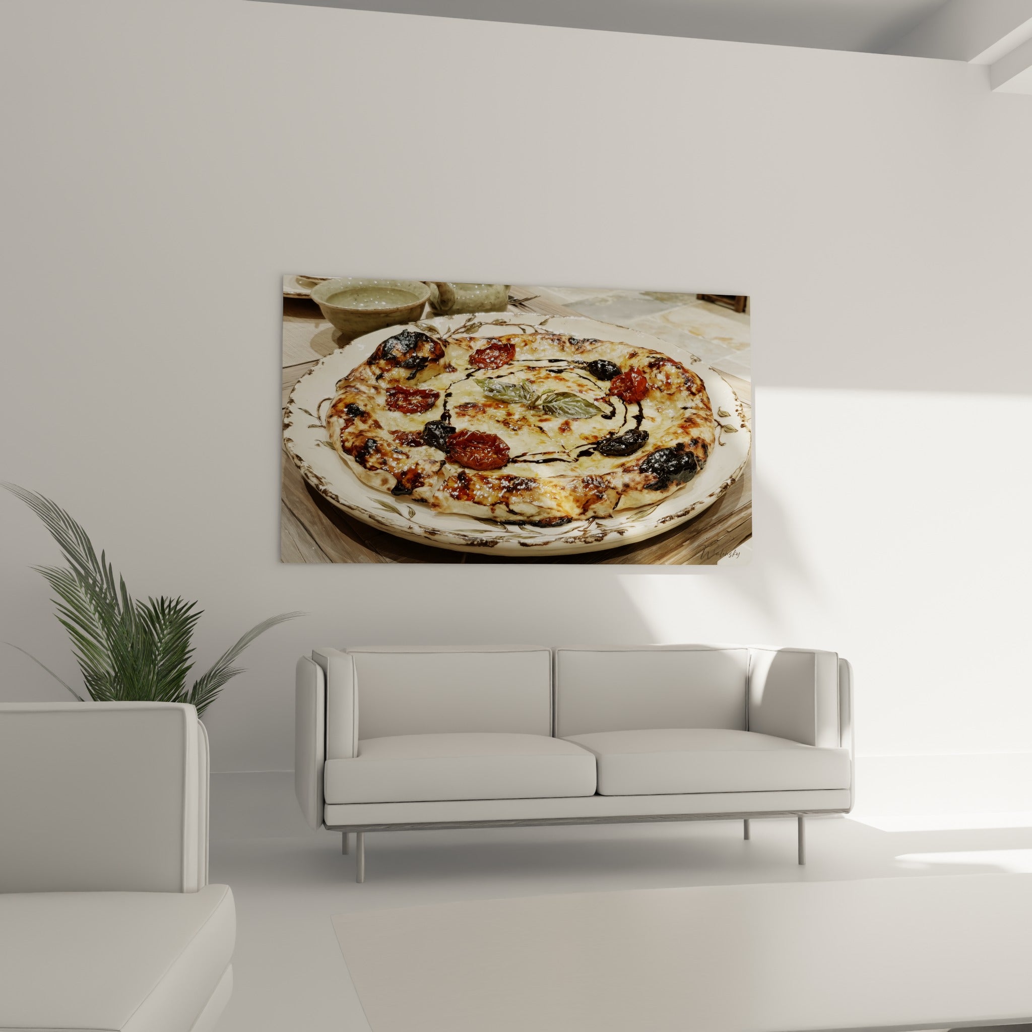 Fromage fondu et glaçage balsamique noir d'une pizza suspendue au-dessus d'un canapé dans un salon lumineux