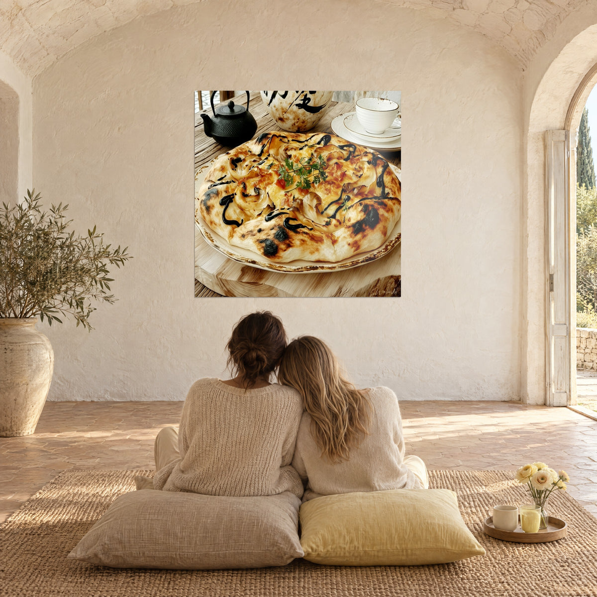 Tableau pizza gourmande aux oignons caramélisés, croûte dorée tachée de noir, mur crépi blanc d'un mas, deux personnes de dos