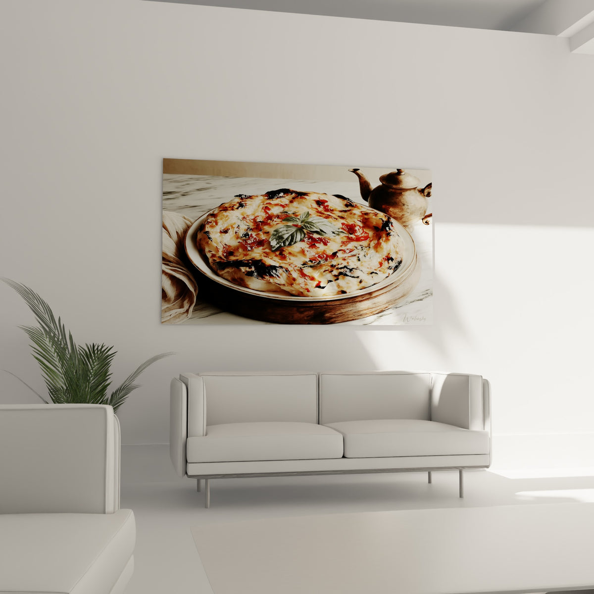 Pizza dorée garnie de basilic frais et tomates confites au-dessus d'un canapé dans un salon lumineux