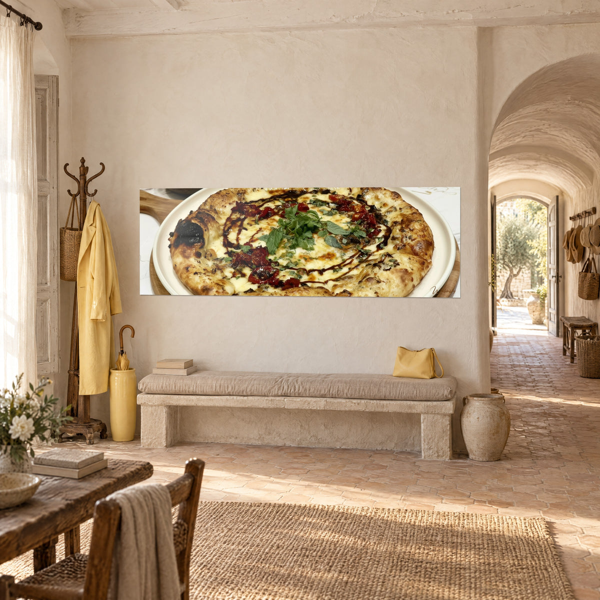 Wall art crispy flatbread drizzled with dark balsamic, blackened edge and green mint, beige wall of a Provençal farmhouse