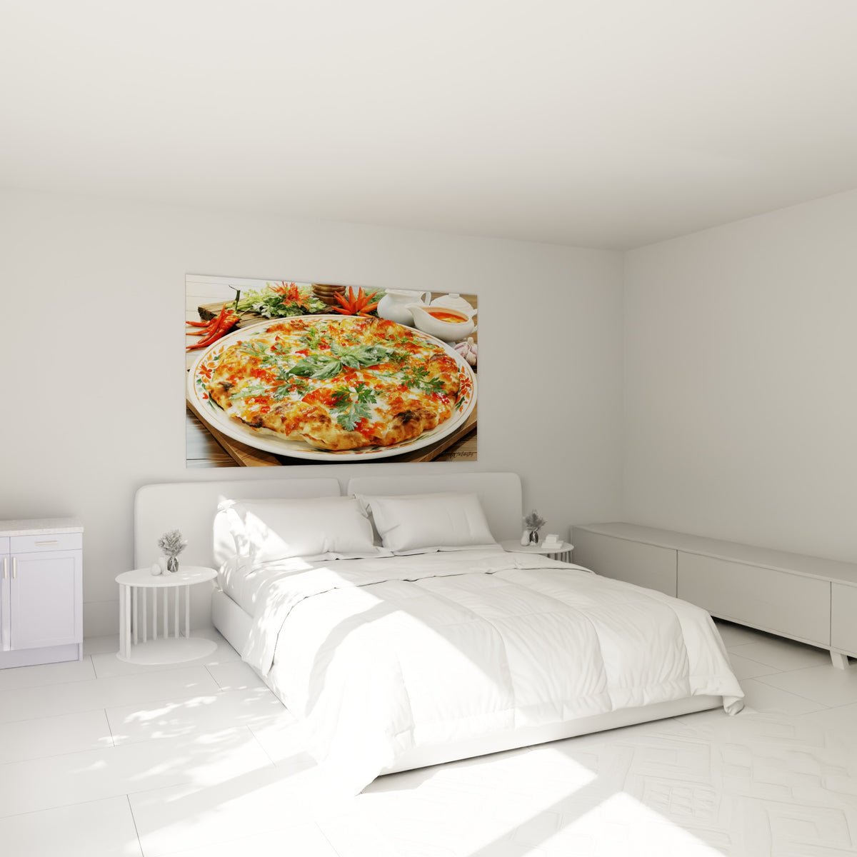 Pizza gourmande aux tons ocre et rouges accrochée au-dessus d'un lit dans une chambre claire