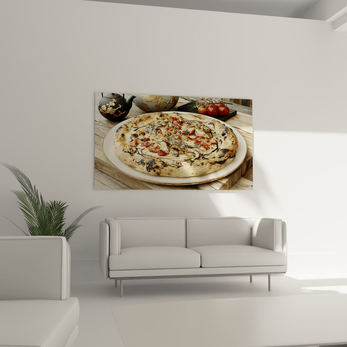 Pizza rustique dorée garnie de champignons et herbes vertes au-dessus d'un canapé dans un salon lumineux