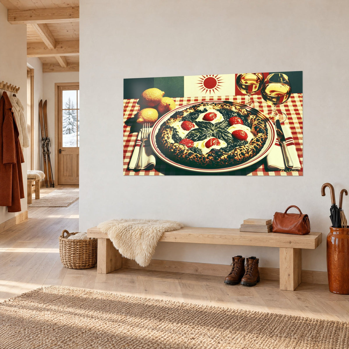 Schilderij Italiaanse tafel vol gasten, pizza met verkoolde korst, romige mozzarella en rode zon, aan een witte wand in de chalet-entree