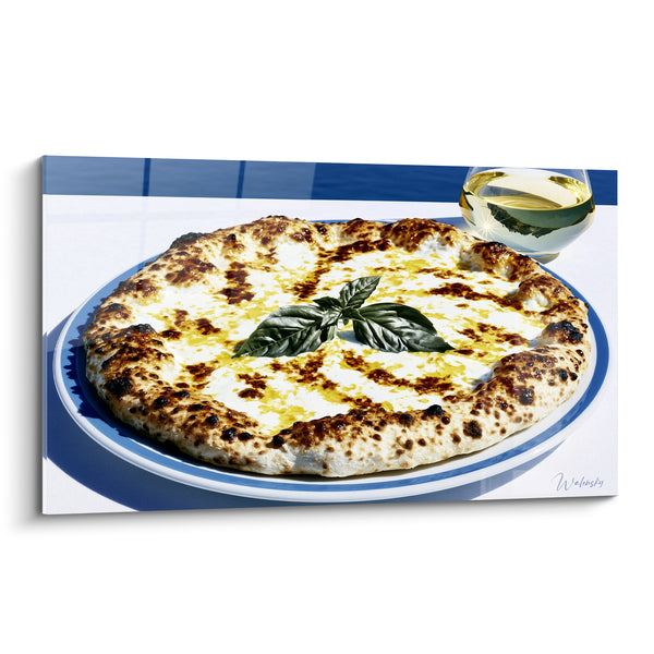 Tableau Pizza blanche au basilic bord bleu - Déjeuner en Méditerranée - Edition Pizza