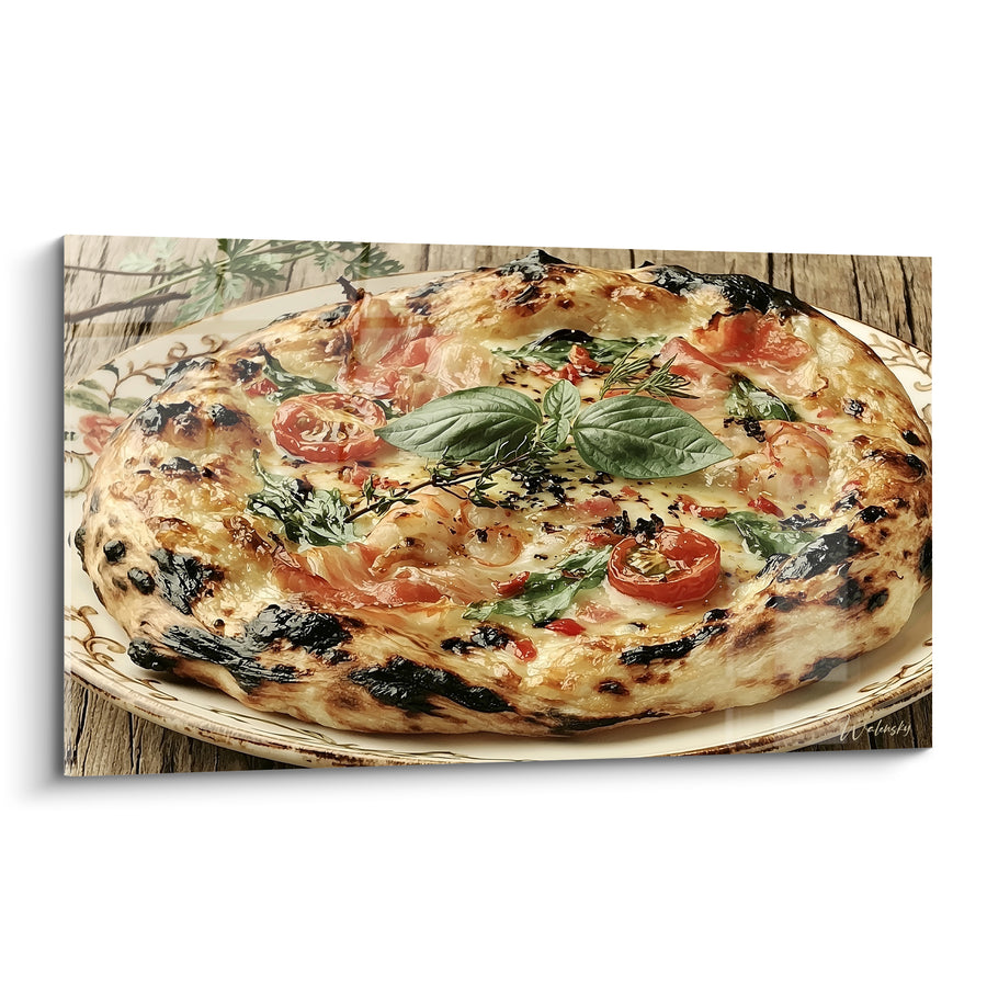 Dipinto Pizza dorata e nera con pomodorini ciliegino - Piatto fiorito su legno - Edizione Pizza