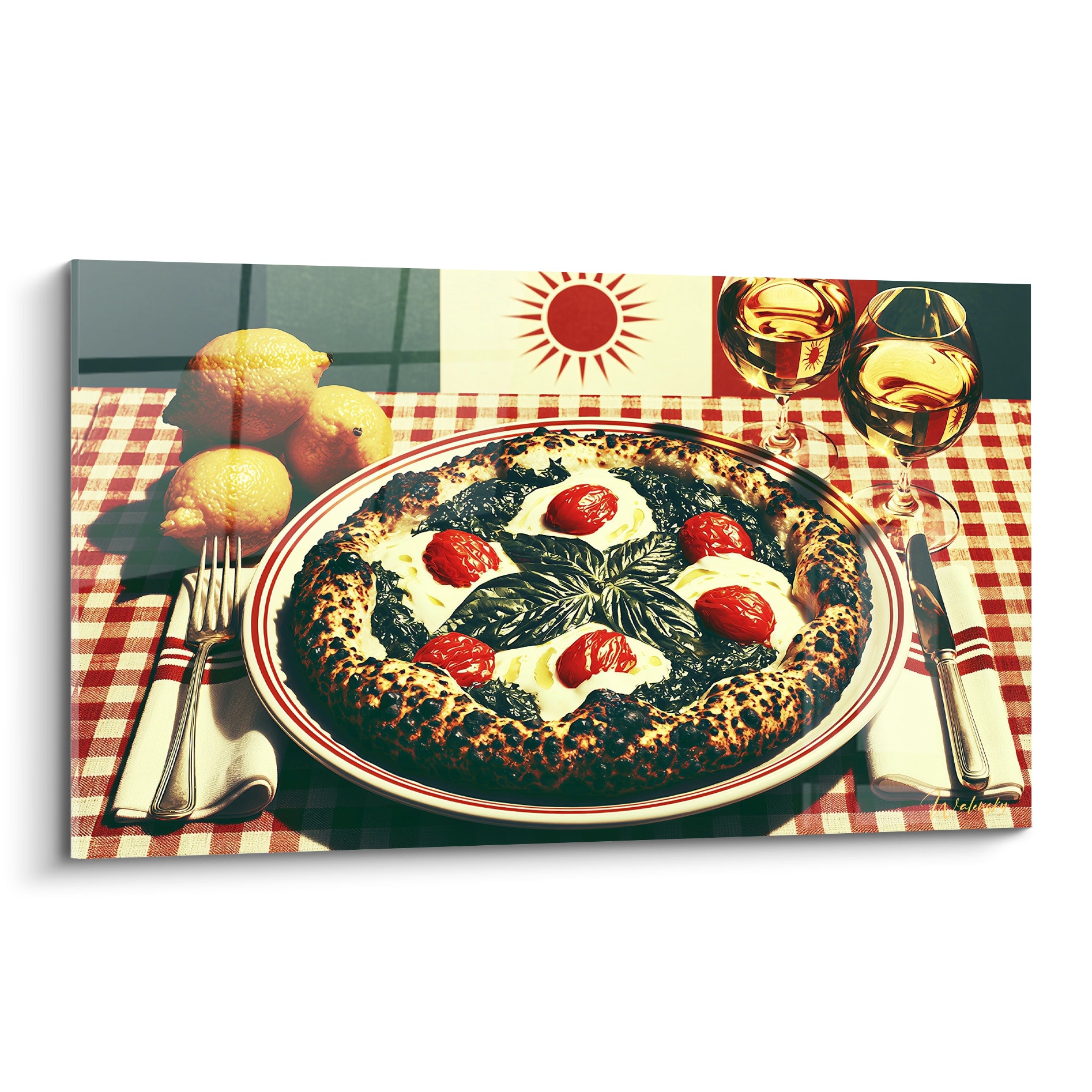Pizza margherita à la croûte anthracite et tomates rouge écarlate sur assiette blanche bordée de rouge