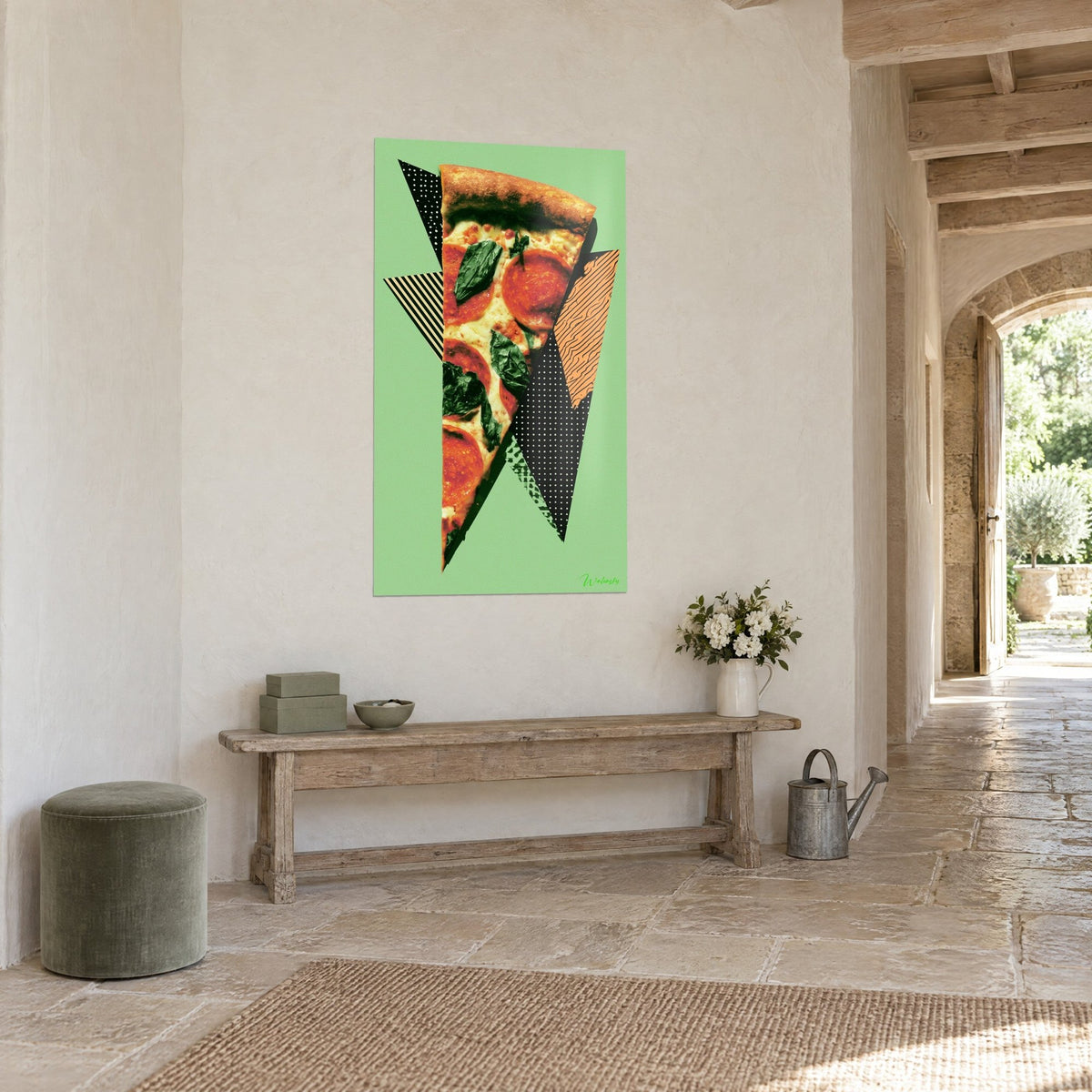 Wall art gooey pizza slice with red pepperoni rounds and dark green basil leaves, wooden bench, stone archway