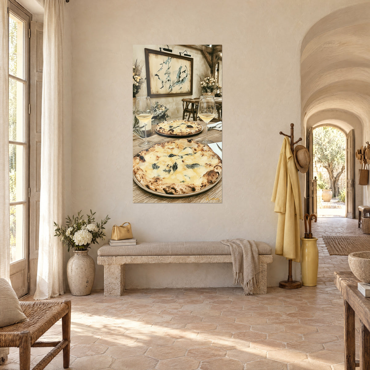 Wall art margherita pizza with melted white mozzarella, amber crust and white wine glasses, three-quarter view in a vaulted hallway