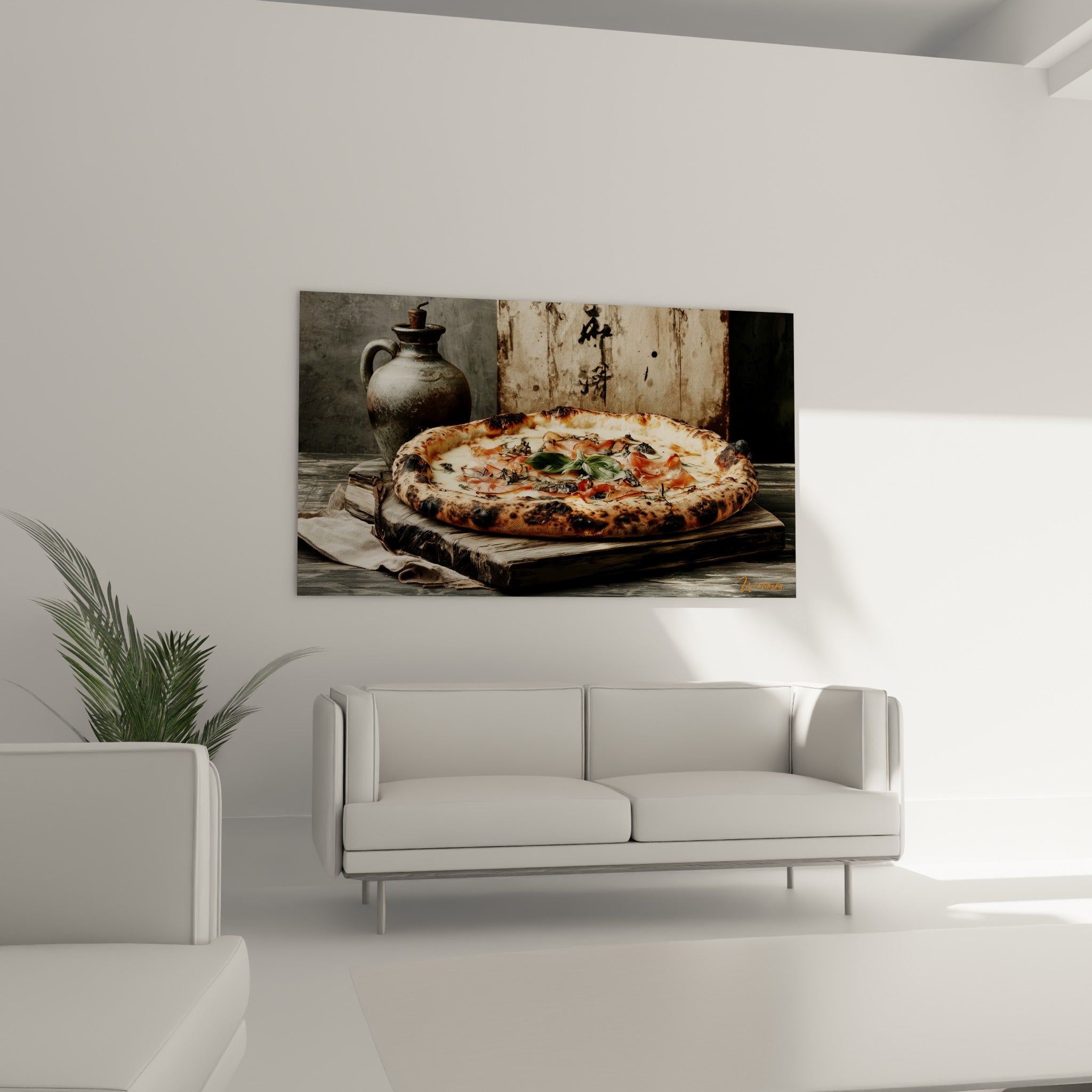 Jambon fumé et mozzarella crémeuse sur cette pizza rustique, au-dessus d'un canapé dans un salon lumineux