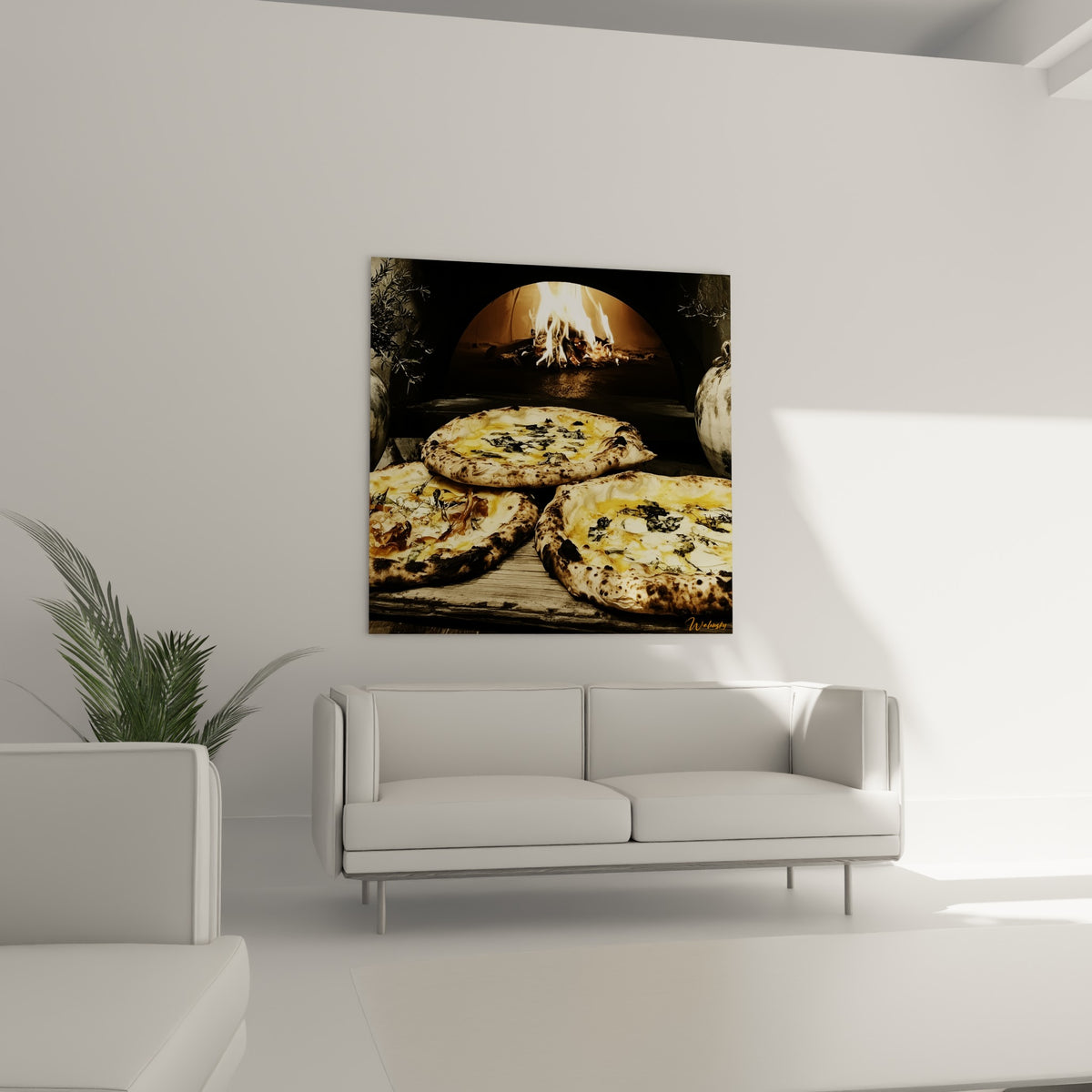 Croûte alvéolée dorée et braises orangées d'un tableau pizza au-dessus d'un canapé dans un salon lumineux