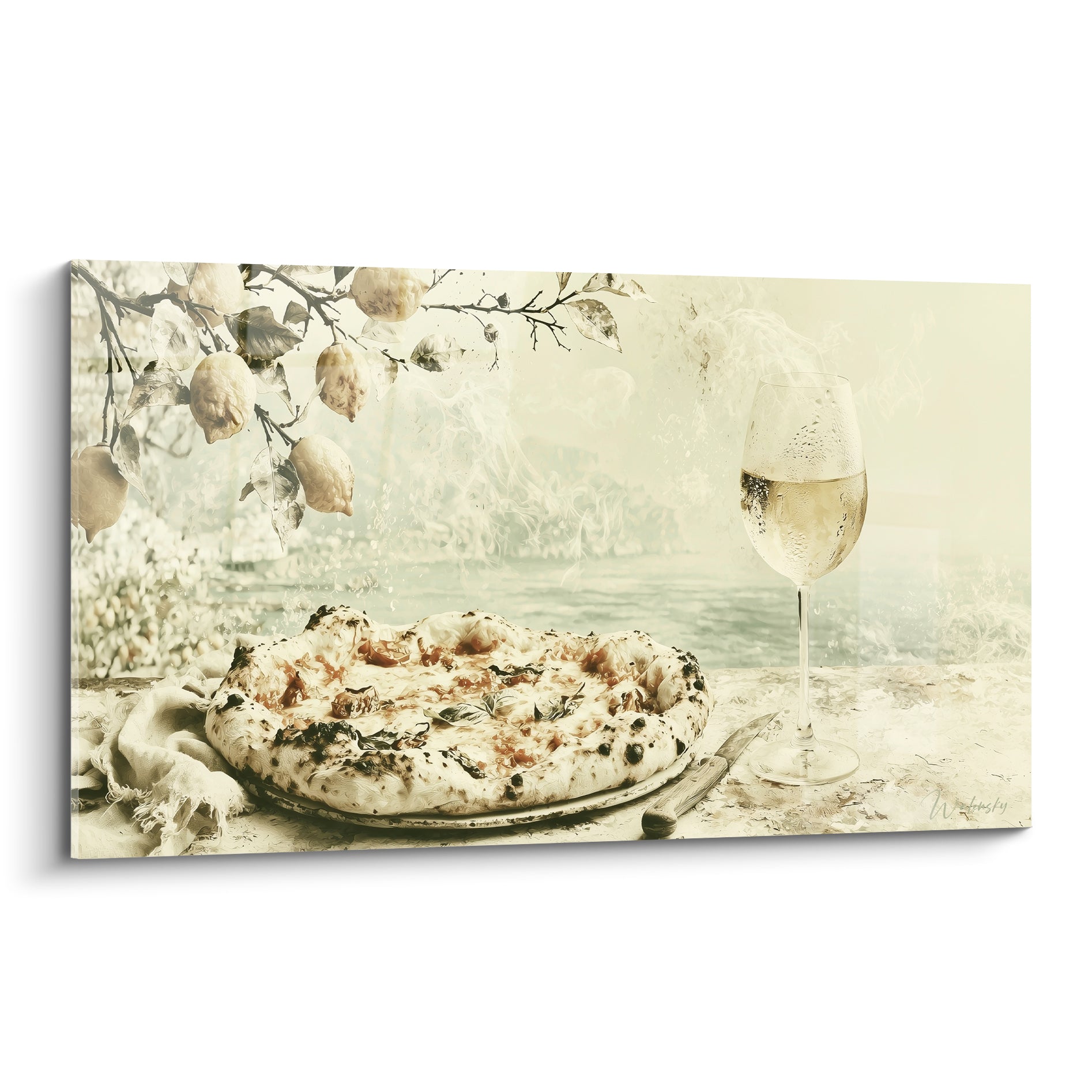 Pizza napolitaine dorée servie près d'un verre de vin blanc et d'un citronnier ivoire