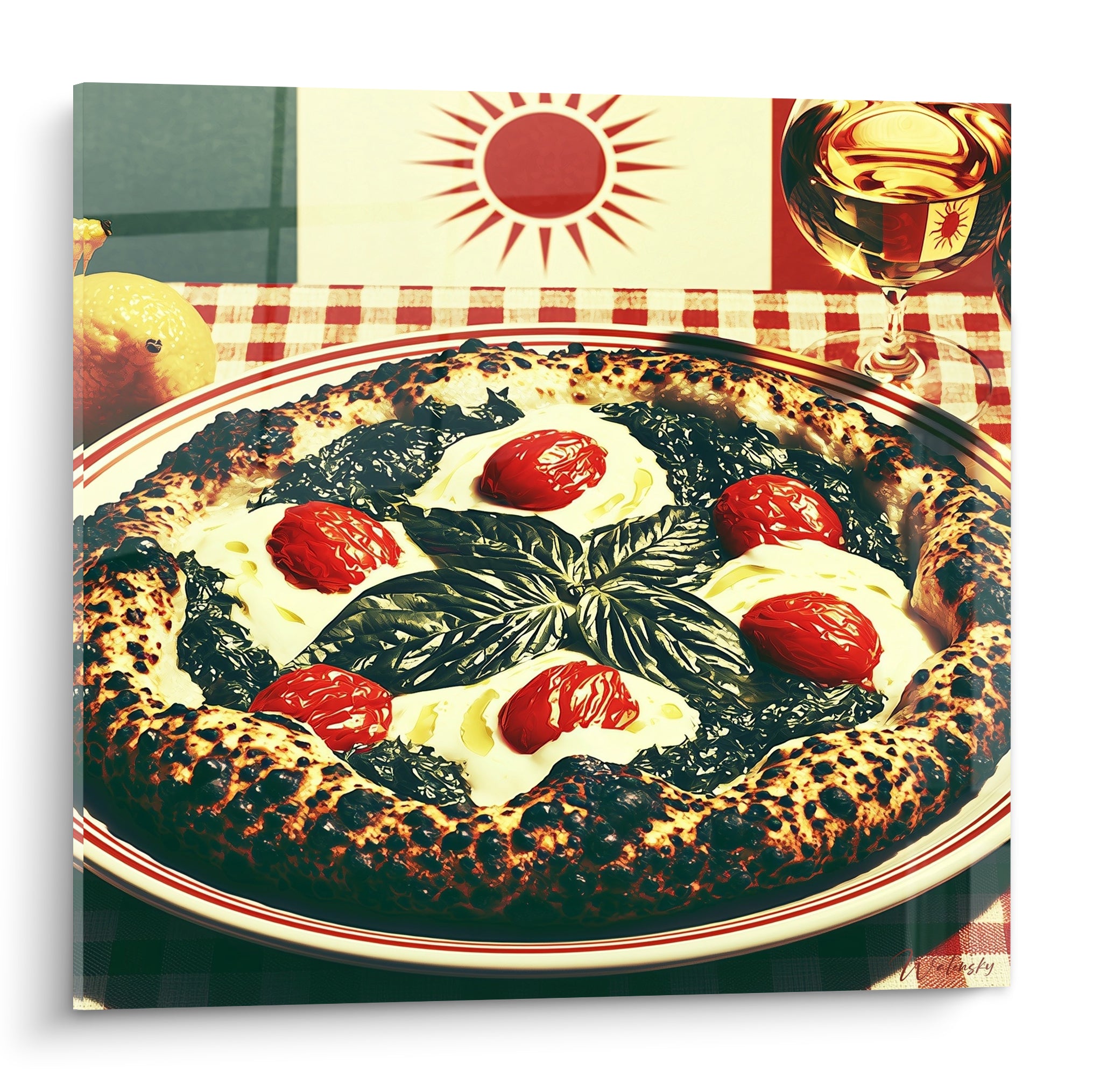 Pizza napolitaine à croûte carbonisée, mozzarella blanche et tomates rouges sur nappe vichy