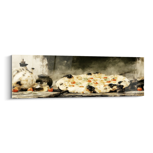 Tableau Pizza napolitaine sur bois brûlé rustique - Feu de four ancien - Edition Pizza