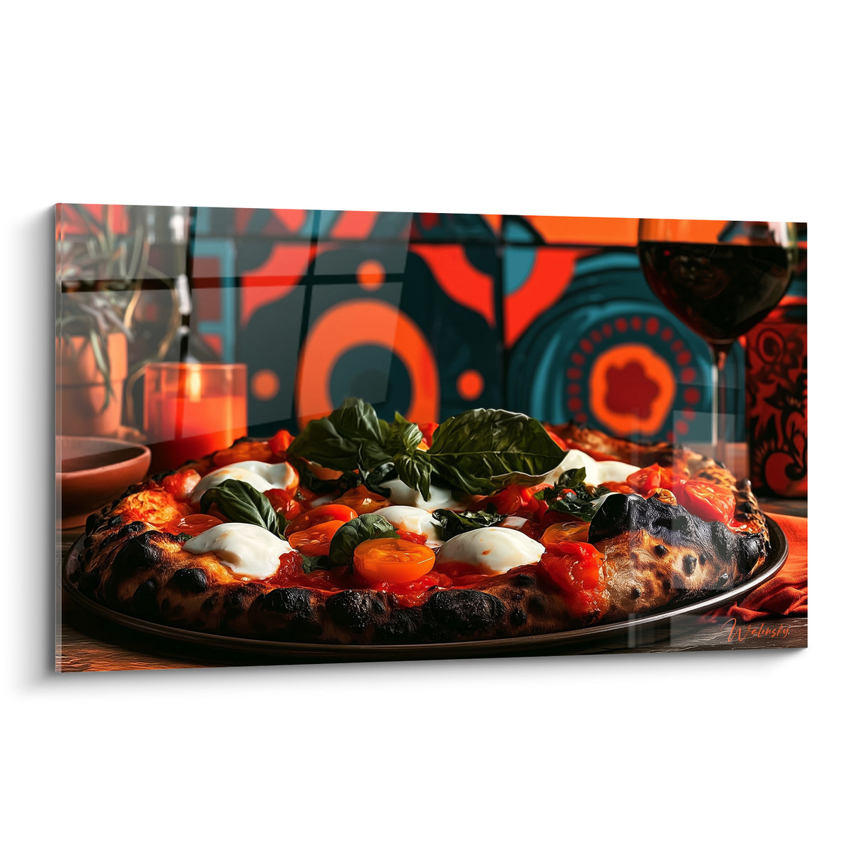 Pizza napolitaine aux tomates rouges et basilic vert, croûte noircie sur fond graphique orange et bleu