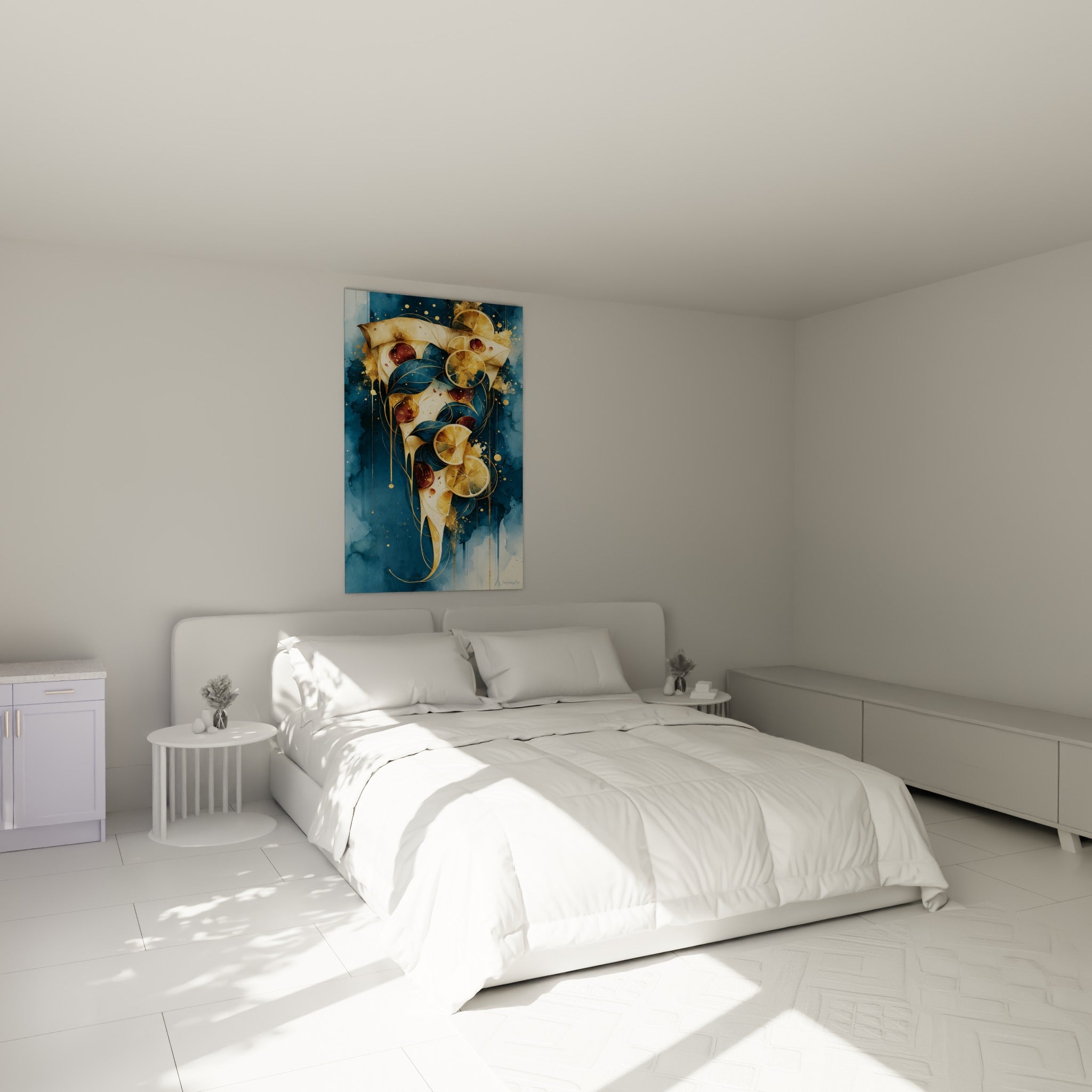 Pizza aquarelle dorée et bleu marine accrochée au-dessus d'un lit dans une chambre claire