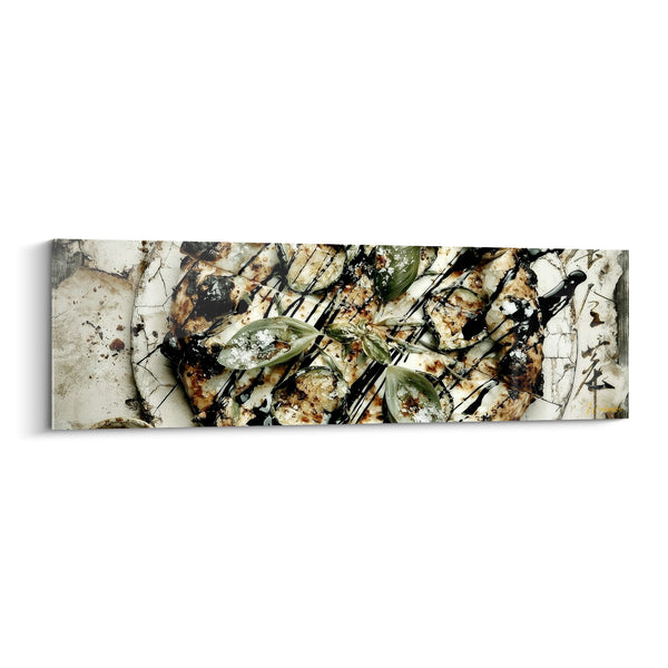Tableau Pizza blanche et noire aux feuilles givrées translucides - Idéogrammes en marge - Edition Pizza