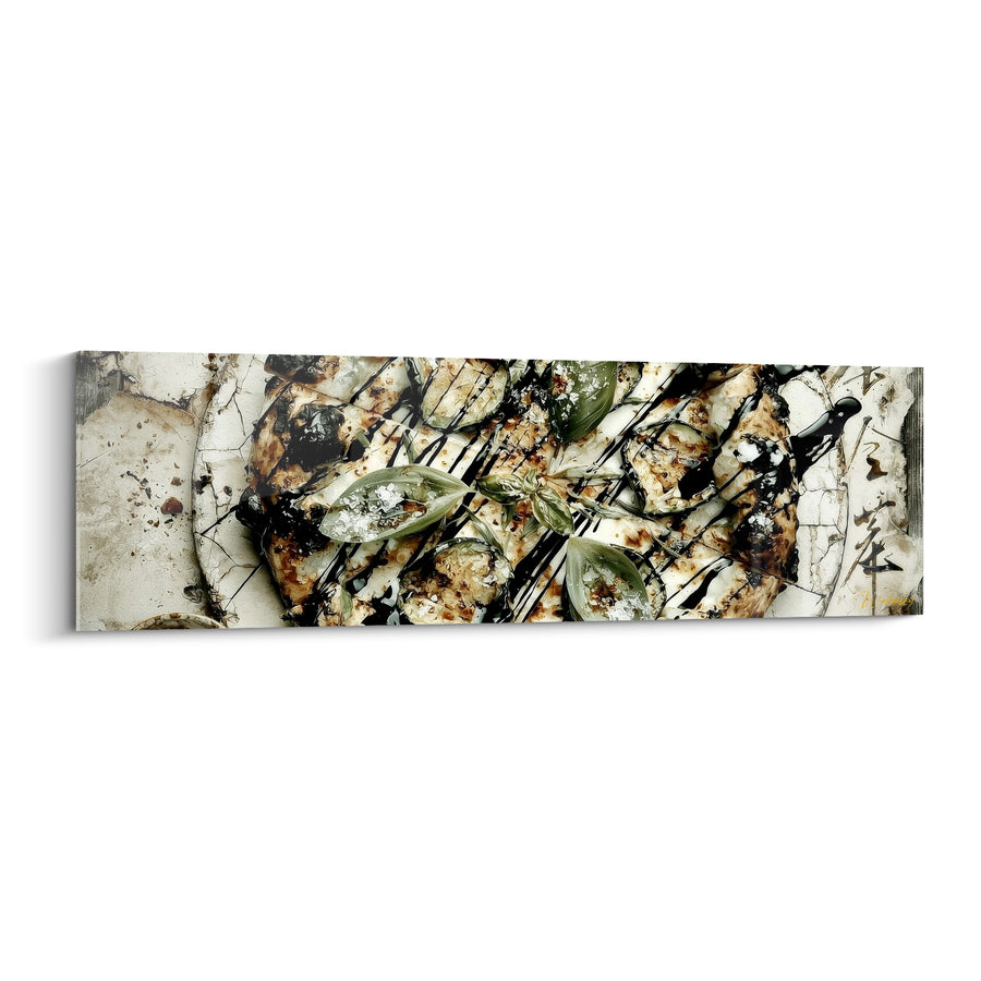 Tableau Pizza blanche et noire aux feuilles givrées translucides - Idéogrammes en marge - Edition Pizza