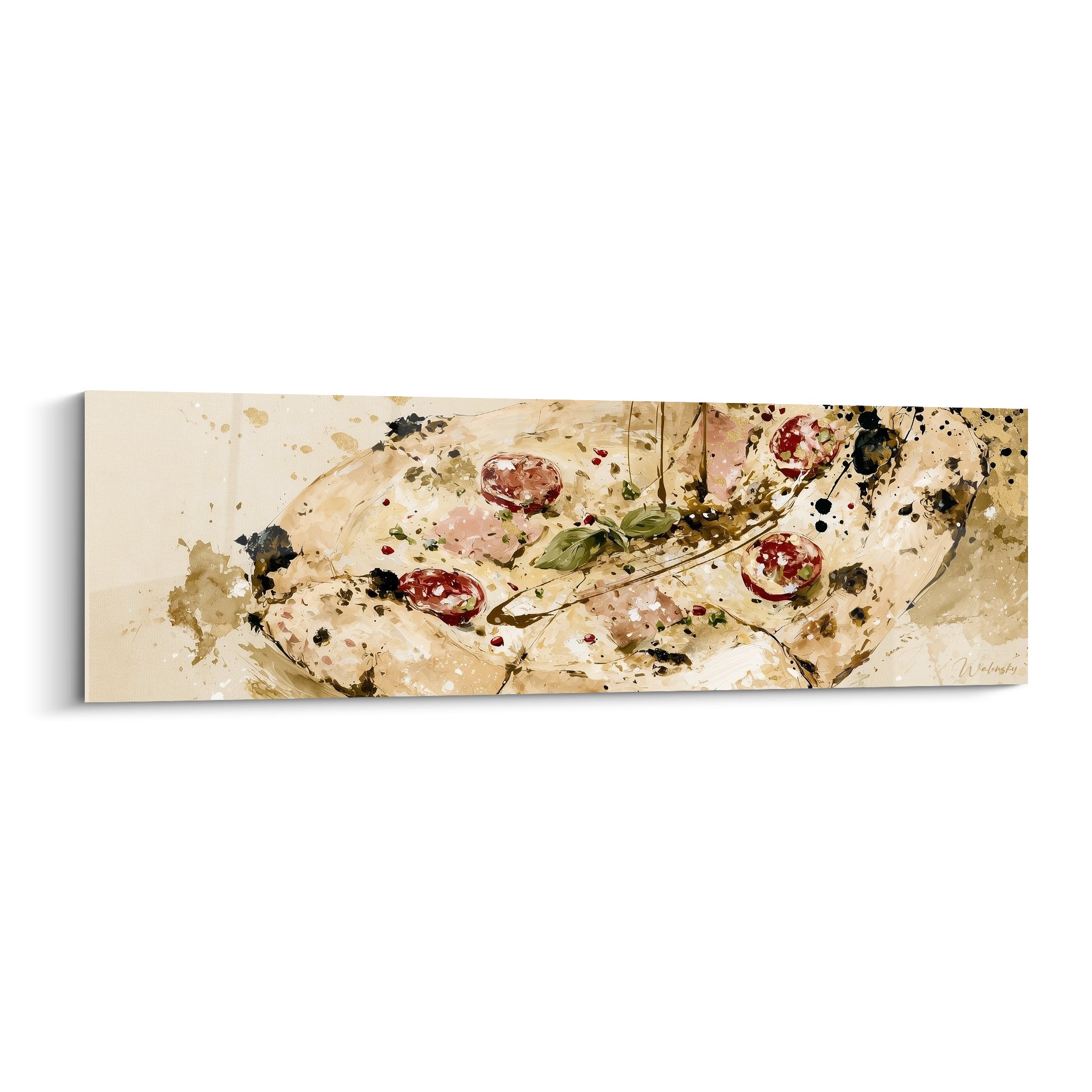 Pizza panoramique aux tomates rouges et basilic vert, éclaboussures beige et anthracite sur toile.