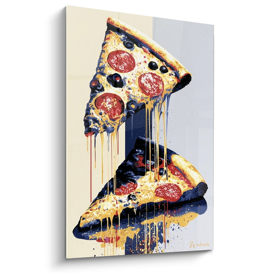 Tableau Part de pizza dorée aux coulures bleu marine - Gourmandise en suspens - Edition Pizza