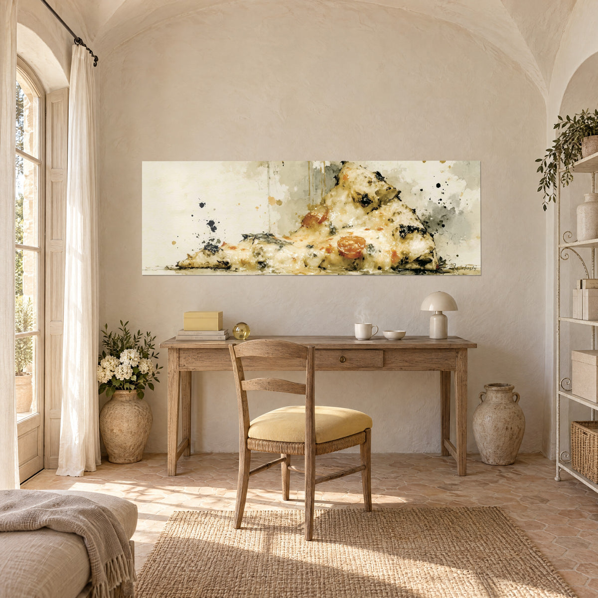 Tableau morceau de pizza fumant, pâte beige et taches charbon, accroché au mur d'un bureau en bois clair avec chaise jaune