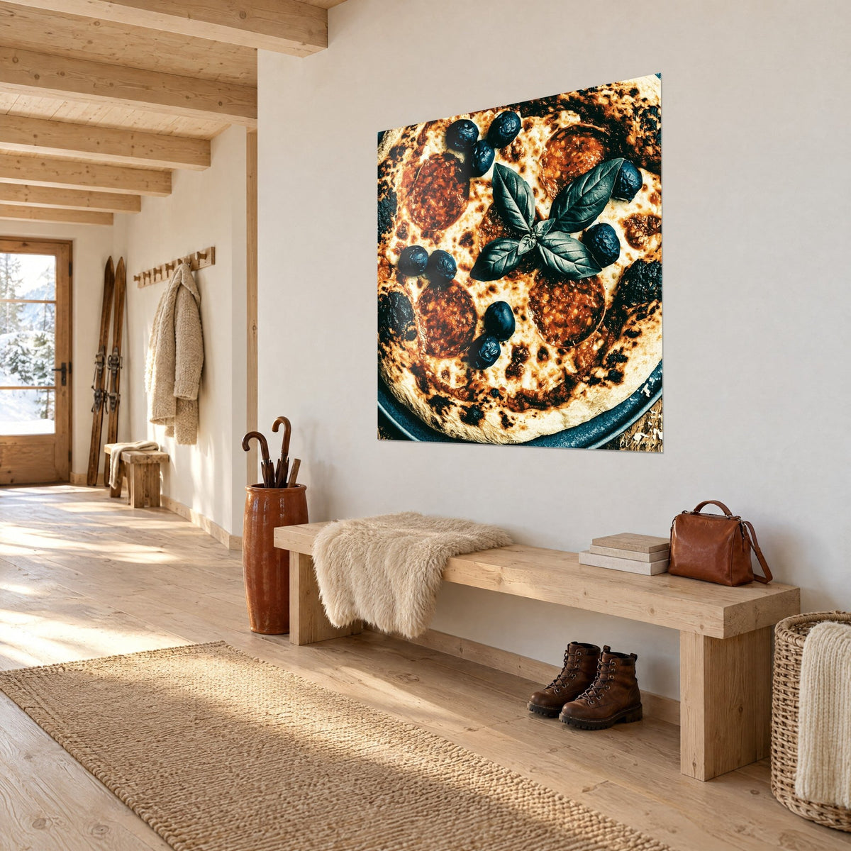 Tableau rondelles de pepperoni orangées sur mozzarella crème, olives noires luisantes, vu de trois-quarts dans un couloir de chalet