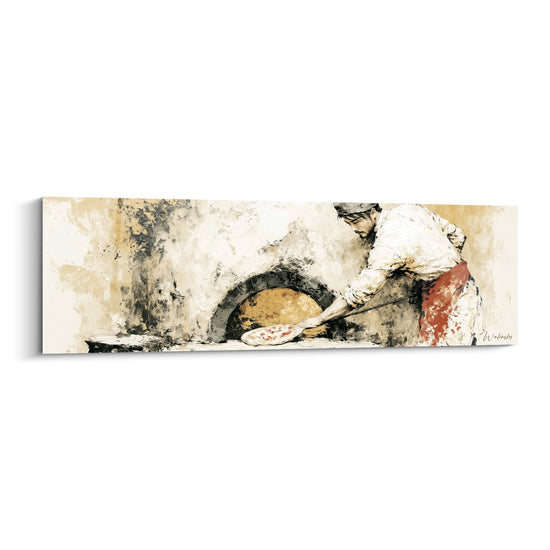 Tableau Pizzaïolo blanc et ocre pelle en bois - Tablier rouge éclaboussé - Edition Pizza