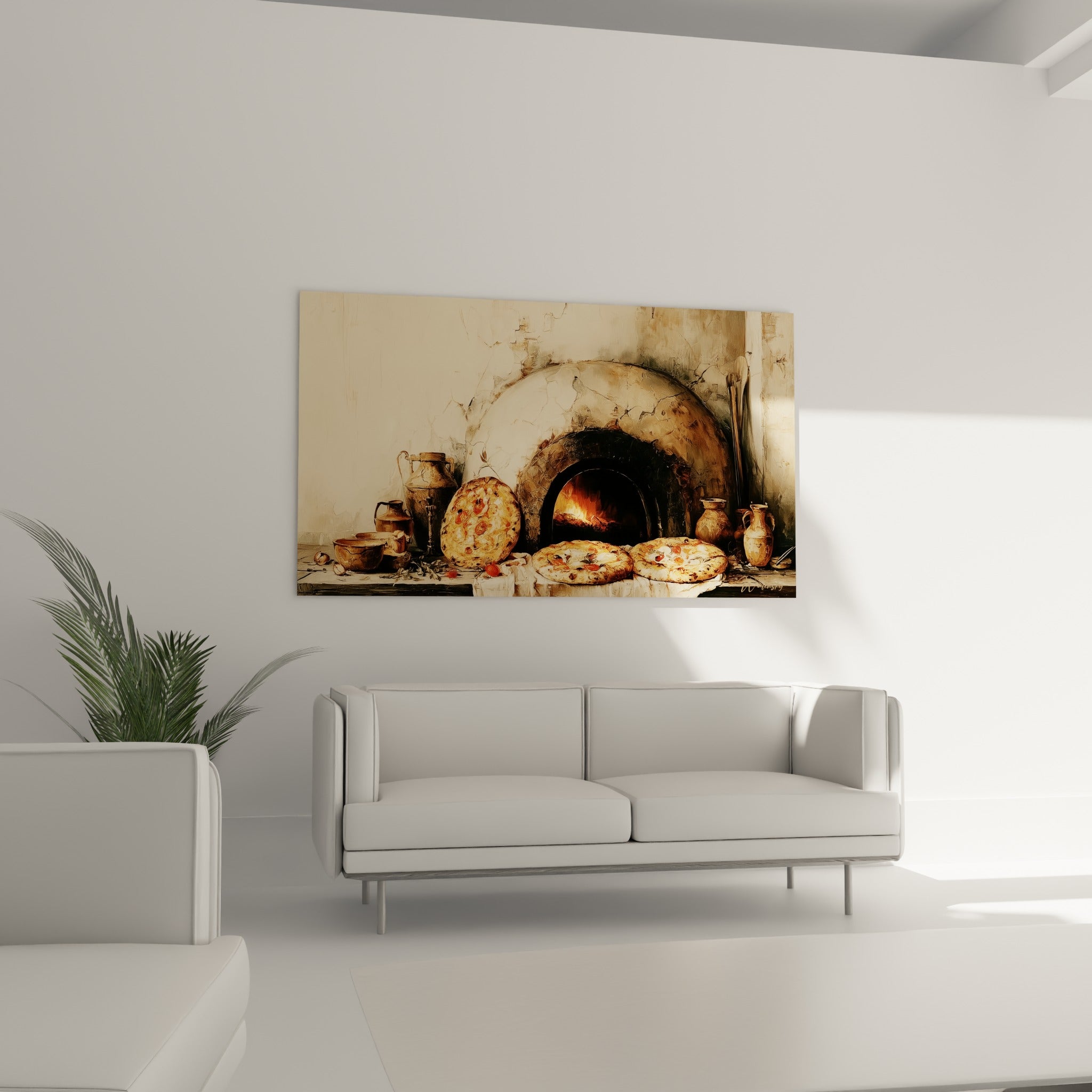 Pizzas dorées et four en pierre beige accrochés au-dessus d'un canapé dans un salon lumineux