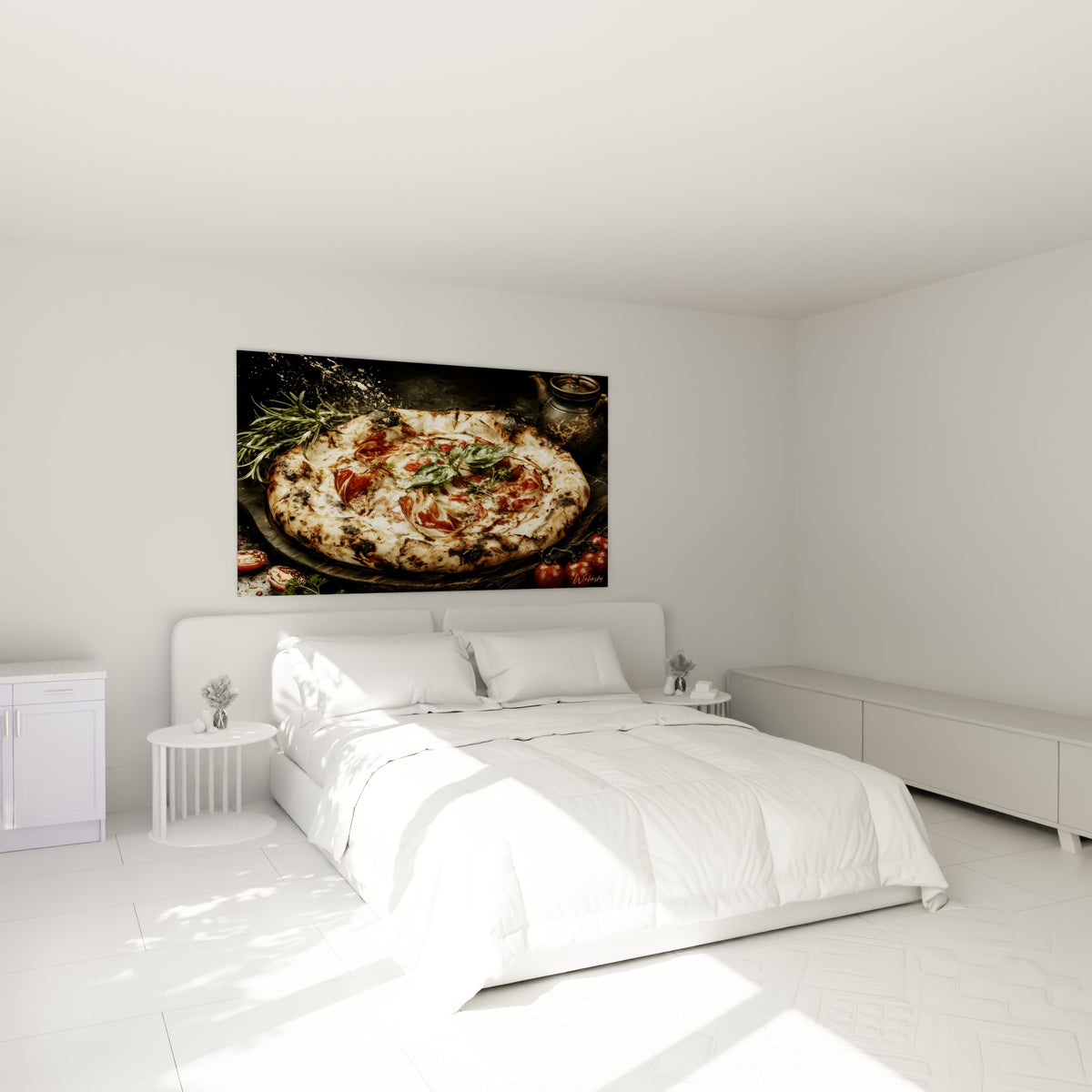 Croûte caramélisée et basilic frais d'une pizza accrochés au-dessus d'un lit dans une chambre claire