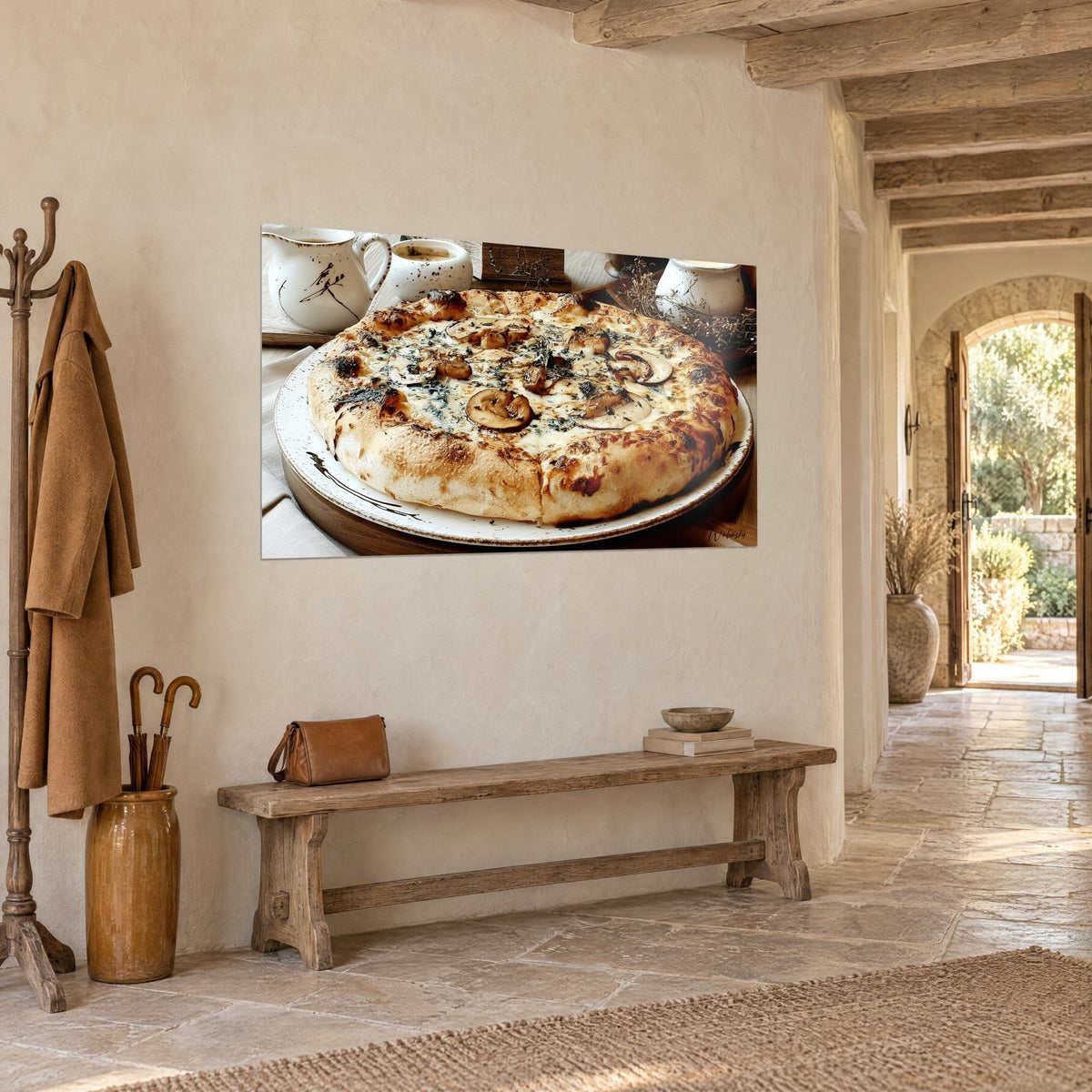 Schilderij pizzadeeg in witte en amberkleurige tinten, bruine champignonlamellen op gesmolten kaas, driekwart zicht, stenen gang