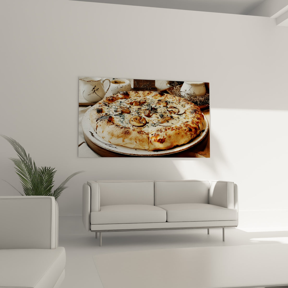Croûte de pizza brune et fromage crème accrochés au-dessus d'un canapé dans un salon lumineux