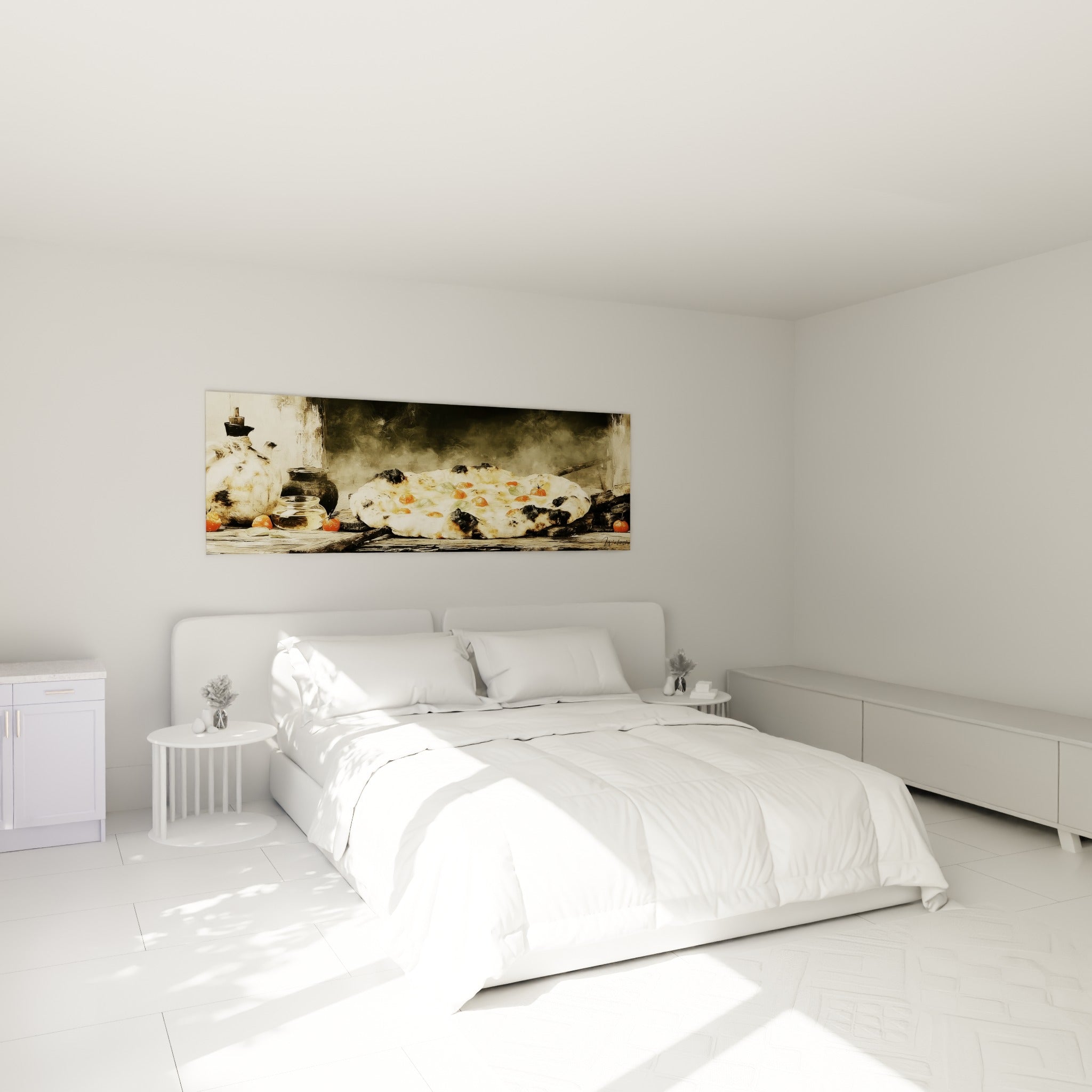 Pizza rustique aux tons ocre et anthracite, au-dessus d'un lit dans une chambre claire