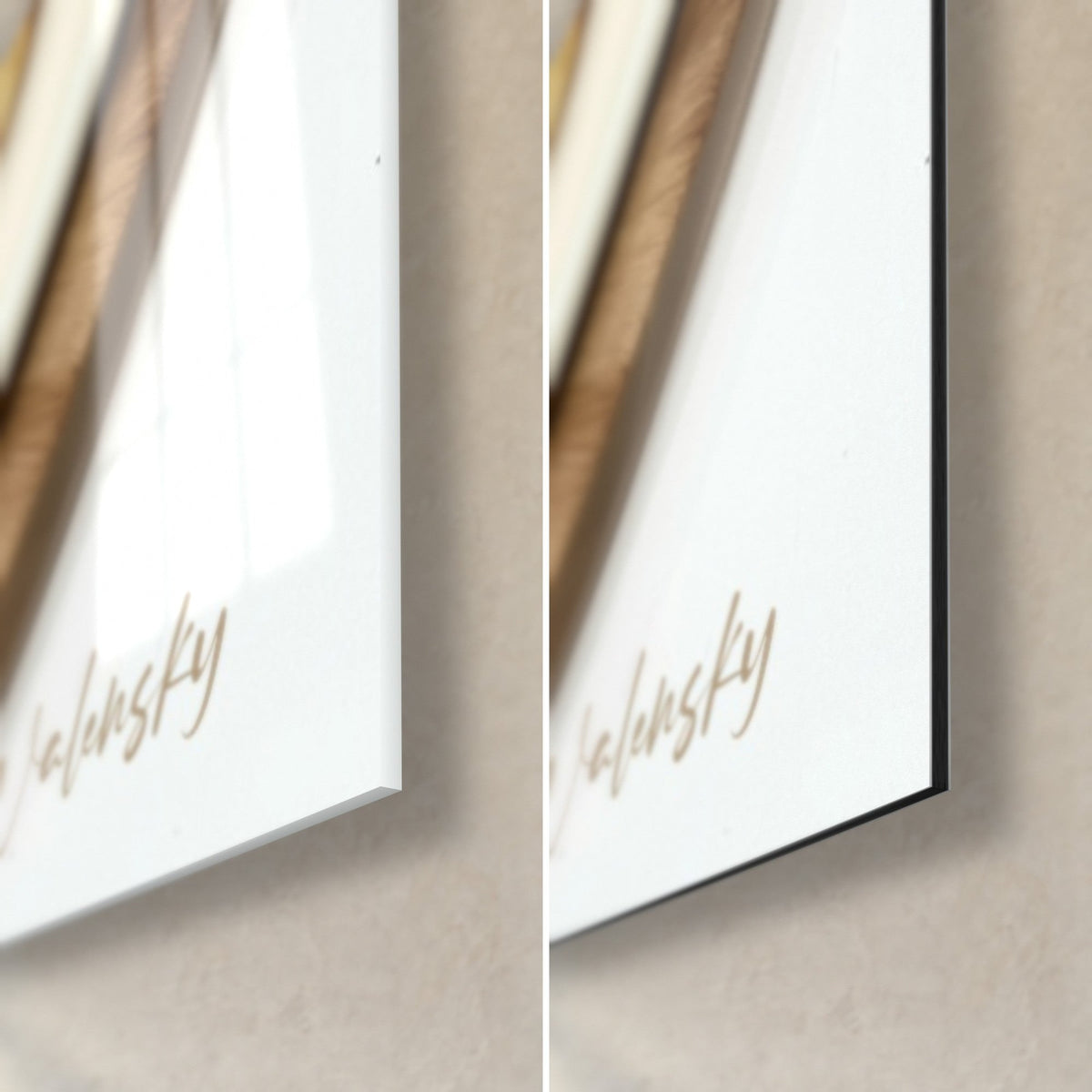 Quadro pizza alle erbe, angolo in basso a destra: vetro acrilico lucido con riflessi, alluminio Dibond bianco opaco, bordo nero di 3 mm