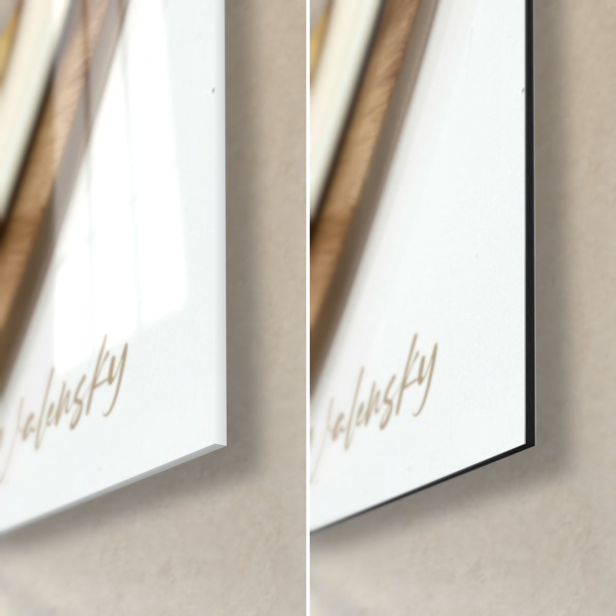 Tableau pizza aux herbes, coin bas droit : verre acrylique brillant et reflets, alu Dibond blanc mat, tranche noire de 3 mm