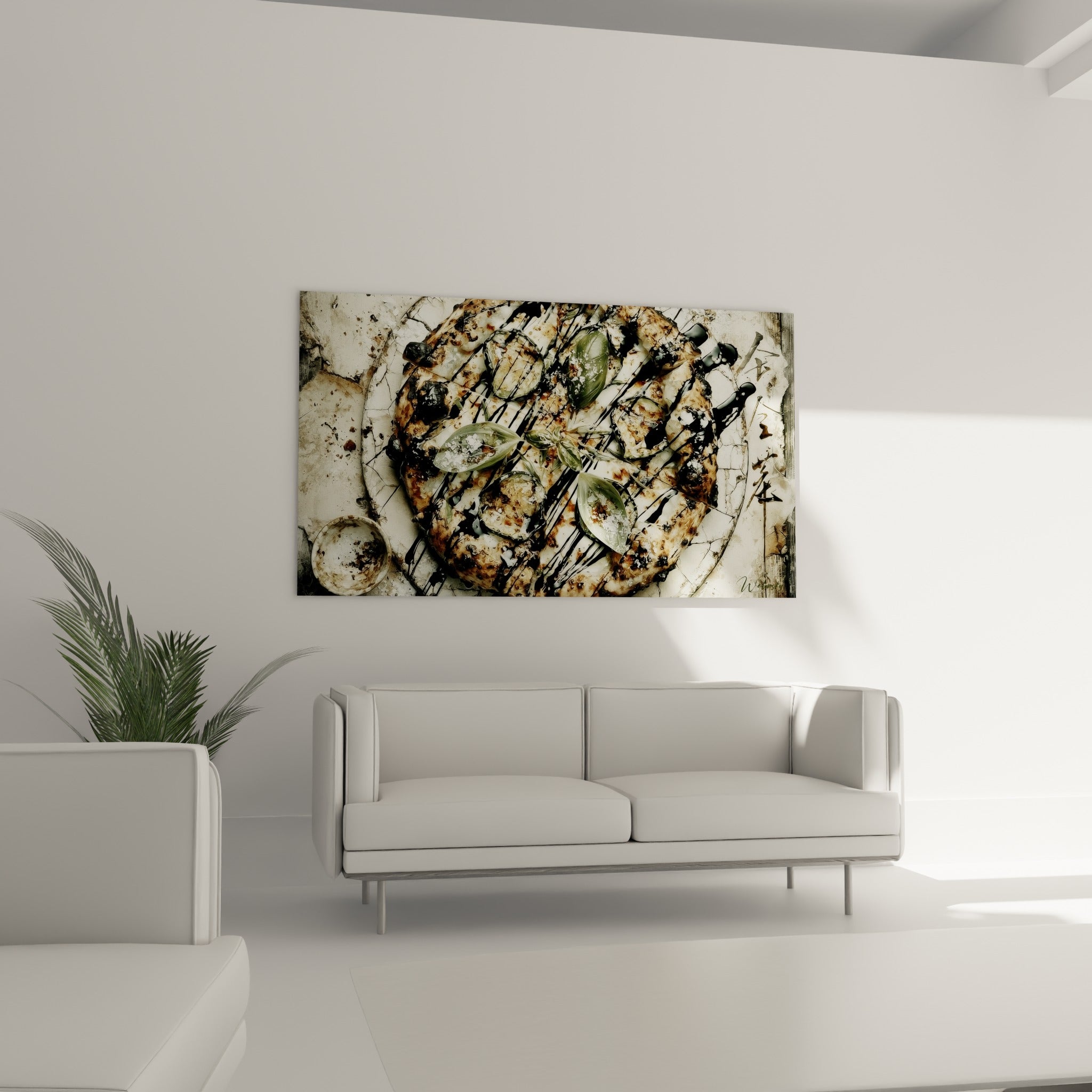 Croûte brunie et filets de sauce balsamique sur une pizza artisanale, au-dessus d'un canapé dans un salon lumineux