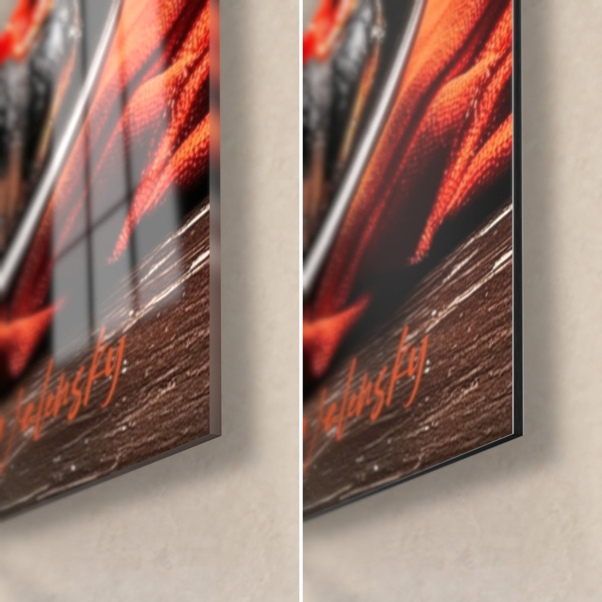 Schilderij van een Napolitaanse pizza met rode tomaten en basilicum, rechtsonder de hoek: glanzend acrylglas links, mat Dibond-aluminium rechts
