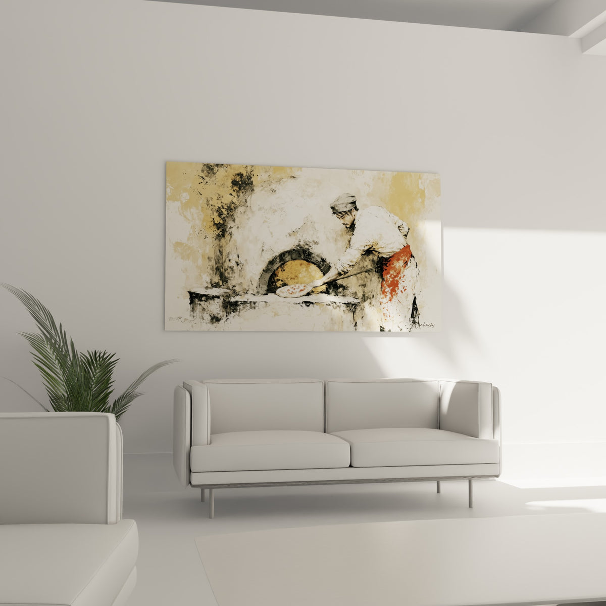 Scène du four à bois ocre et blanc crayeux, tableau au-dessus d'un canapé dans un salon lumineux