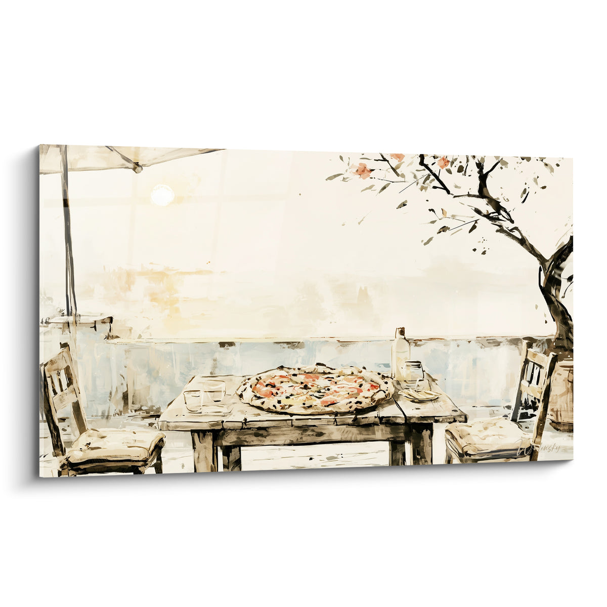 Pizza sur table en bois sable et beige, terrasse ombragée face à l'eau, style aquarelle italienne