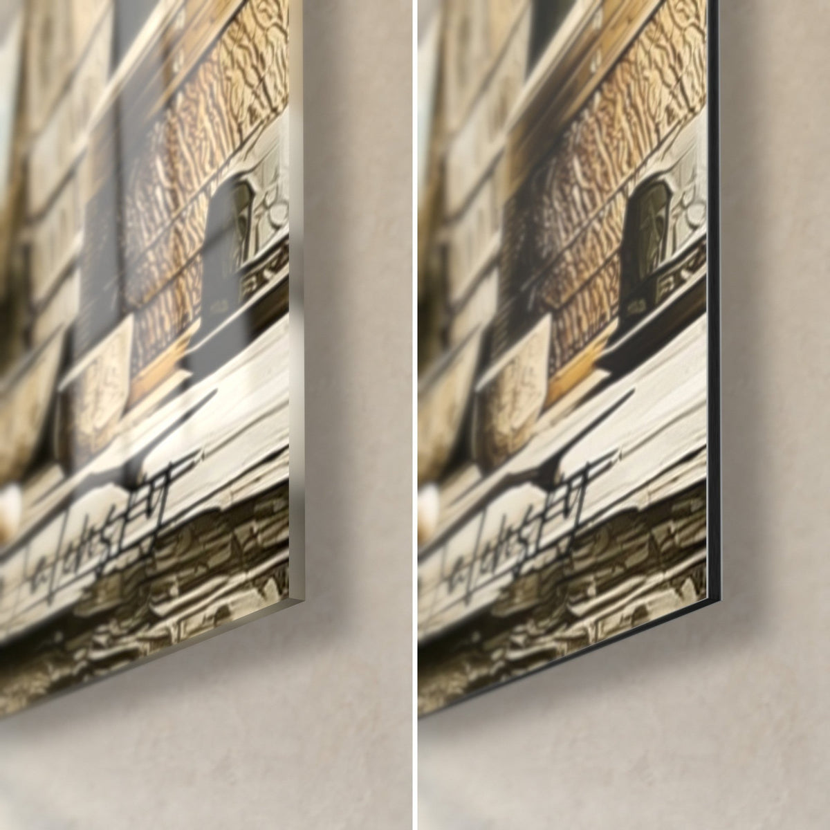 Gemälde eines knetenden Pizzabäckers, unten rechts: glänzendes Glas mit Reflexen links, mattschwarzes Dibond rechts, 3 mm Kante