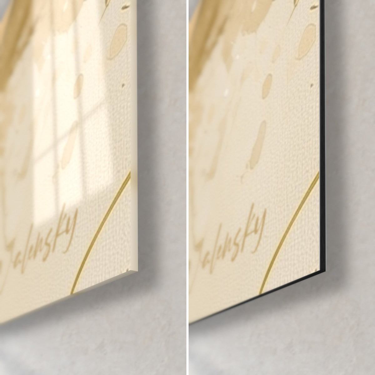 Gemälde Pizza in Beige und Rot, untere rechte Ecke mit goldener Signatur, glänzendes Acrylglas links, matter Dibond-Alu rechts, 3 mm Stärke
