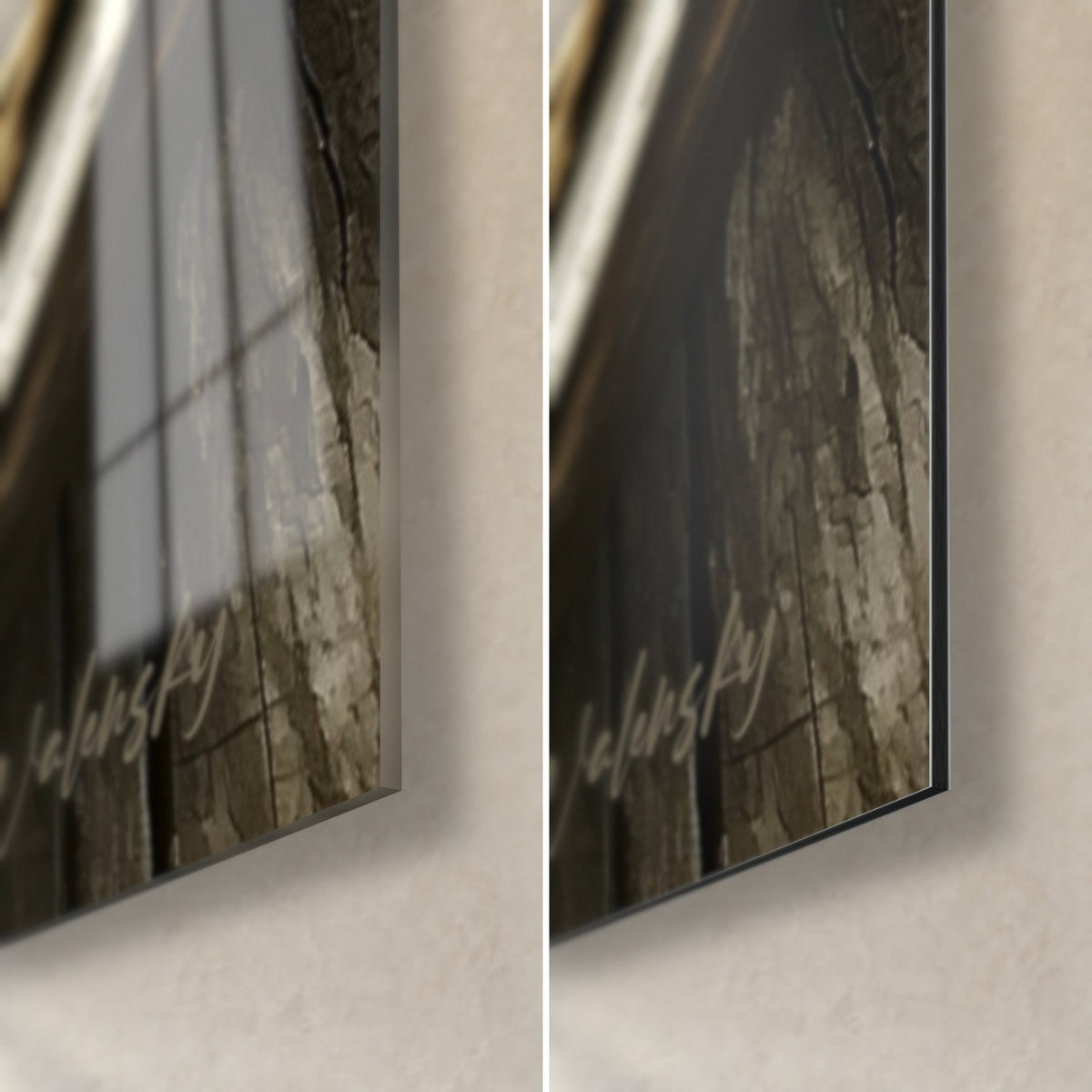 Gemälde Focaccia mit goldenem Käse, untere rechte Ecke: glänzendes Acrylglas, das das Licht reflektiert, mattschwarzes Dibond-Aluminium und 3 mm Kante