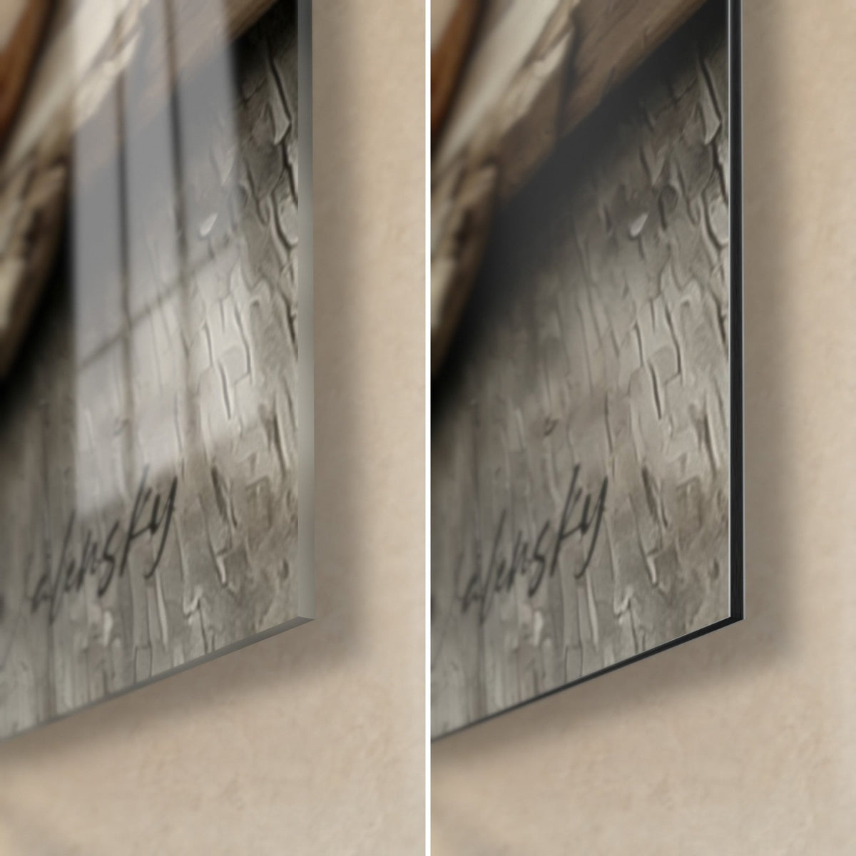 Wall art of a golden ham and arugula pizza, bottom right corner: glossy glass with reflections, matte grey Dibond, 3 mm edge, Walensky signature